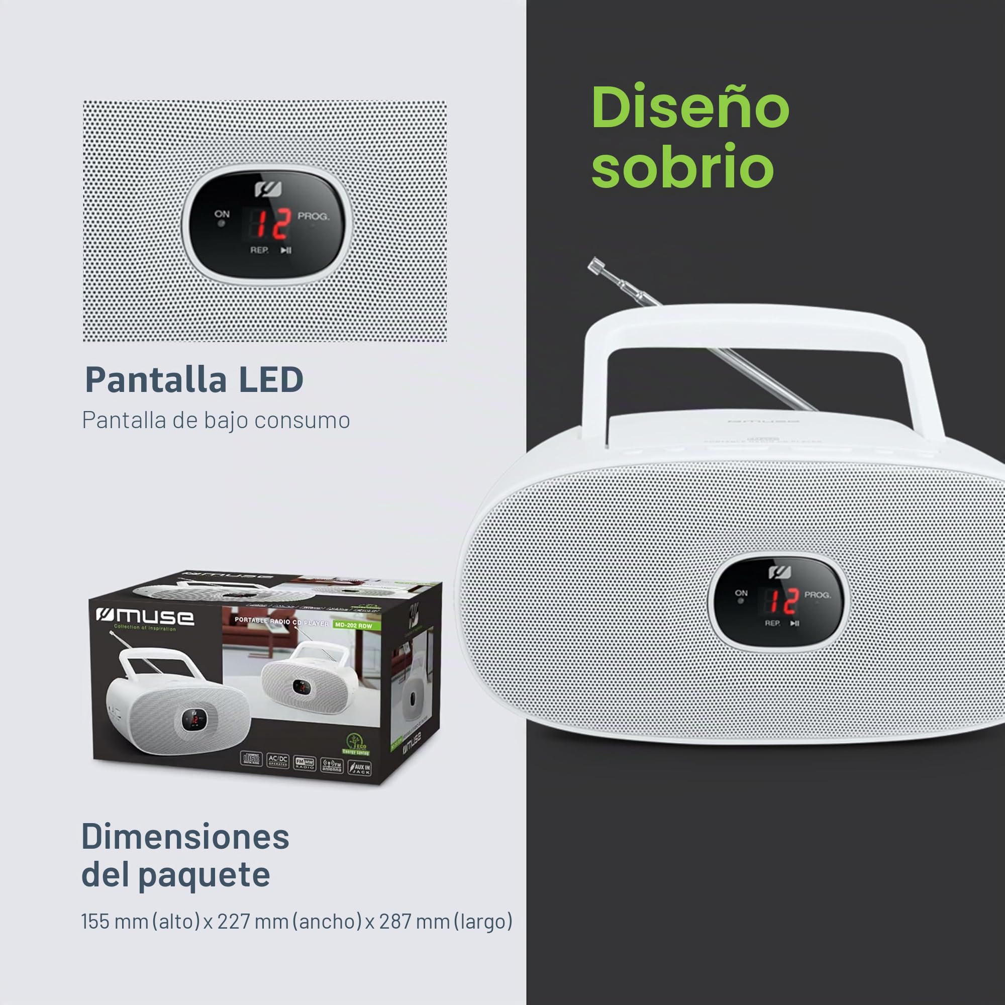 Muse MD-202 RDW - Reproductor de CD (frecuencia AC de 50 Hz, Bandas FM y MW, Voltaje de 230 V) Color Blanco