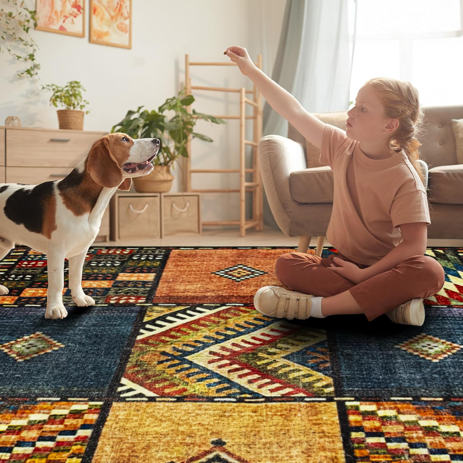Tapis carré 120 x 120 cm - Tapis marocain géométrique à poils ras - Antidérapant - Lavable - Pour chambre à coucher, cuisine, salle de jeux - Décoration de la maison