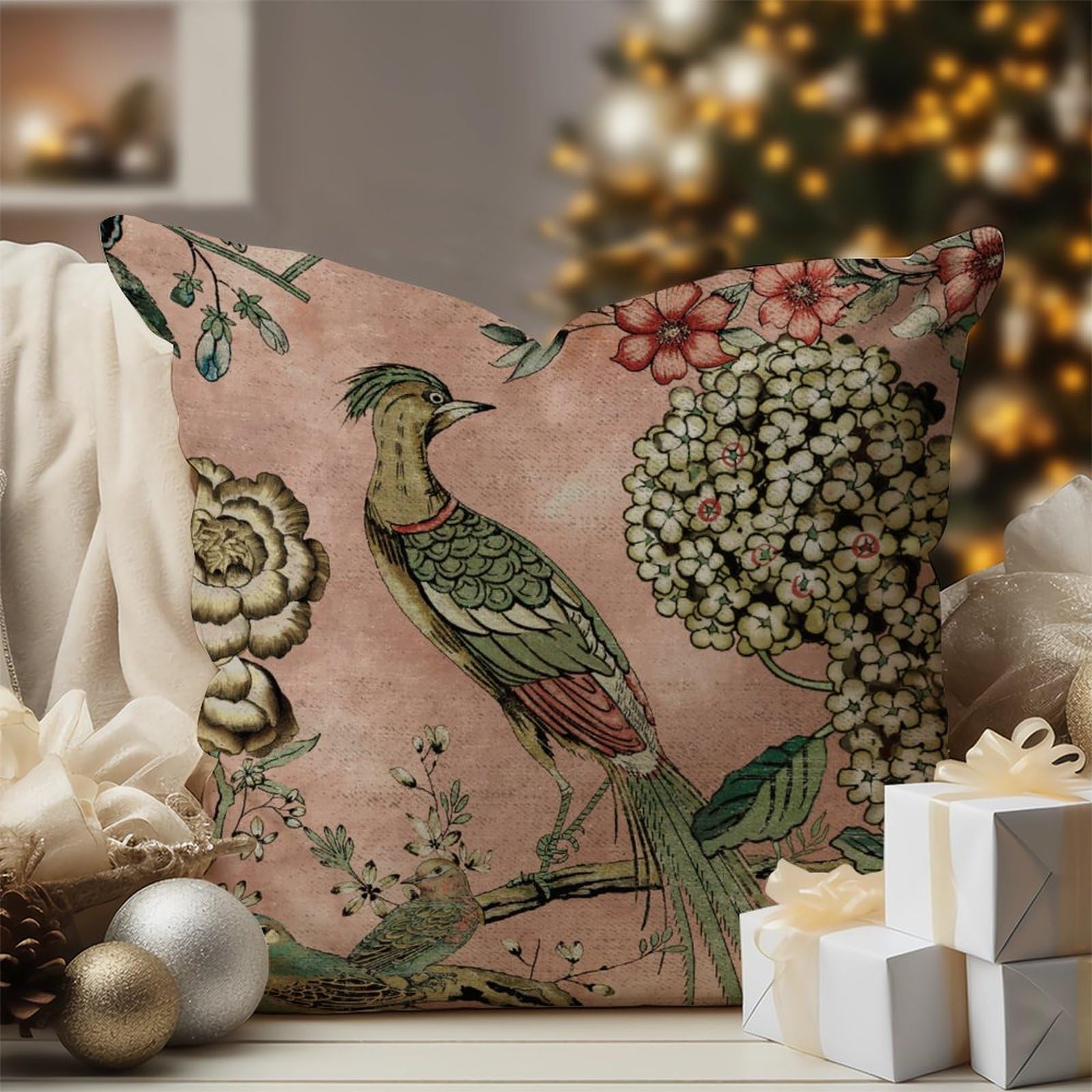 WoGuangis Pink Blush Chinoiserie Bird Cushion Covers Hydrangea Camellia and Peacock Sofa Pillow Cover Japanese Asian Style White Linen Pillow Sham for Office Car Chair Sofa 18x18in