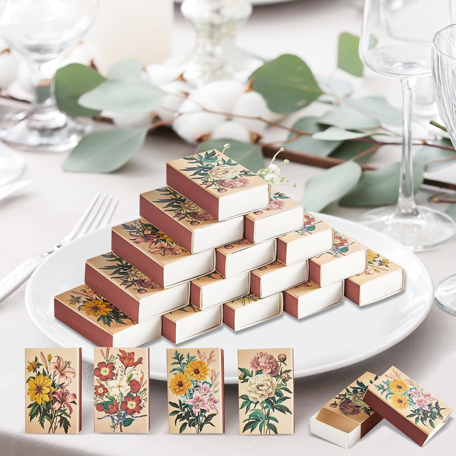 60PCS Blank Matches Containers 2.24 x 1.42 x 0.59 inches Vintage Flower Match Storage Boxes DIY Match Holder with Double-Sided Striker for Wedding Bridal Shower Baby Shower Party Favor(No Matches)