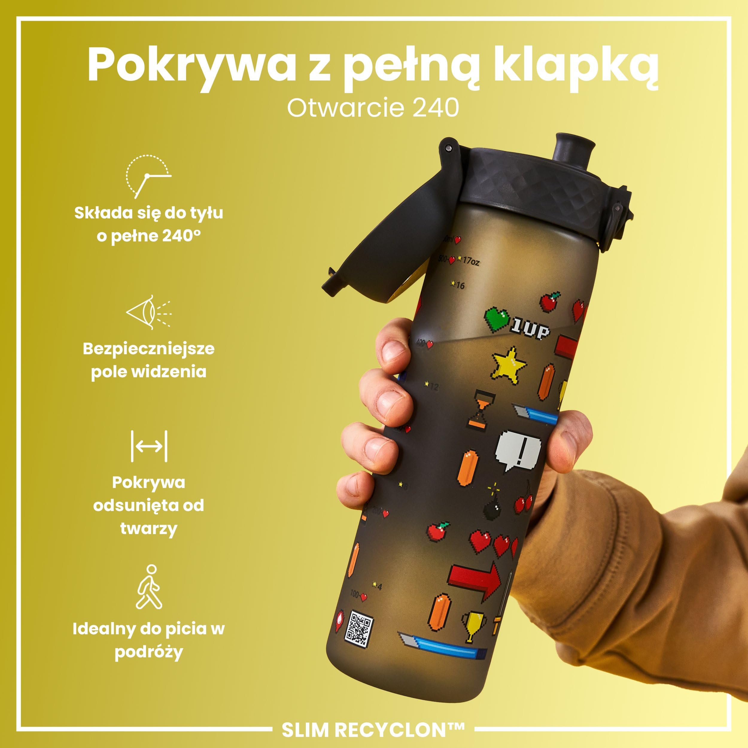 ION8 Butelka na Wodę, 500 ml/18 oz, Szczelna, Łatwe Otwieranie, Bezpieczny Zamek, Można Myć w Zmywarce, Bez BPA, Higieniczne Pokrycie, Uchwyt do Przenoszenia, Łatwa Czyszczenie, Bezwonny, Gracz