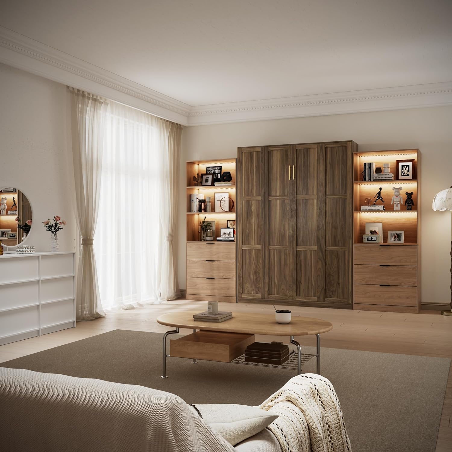 Bobve Farmhouse Murphy Bed Queen,85" Wall Bed Folds to Save Space,Concealed Bed Frame with 2 LED Storage Cabinets and Wall Mounted Features for Apartment/Office/Guest Room,Brown+Walnut