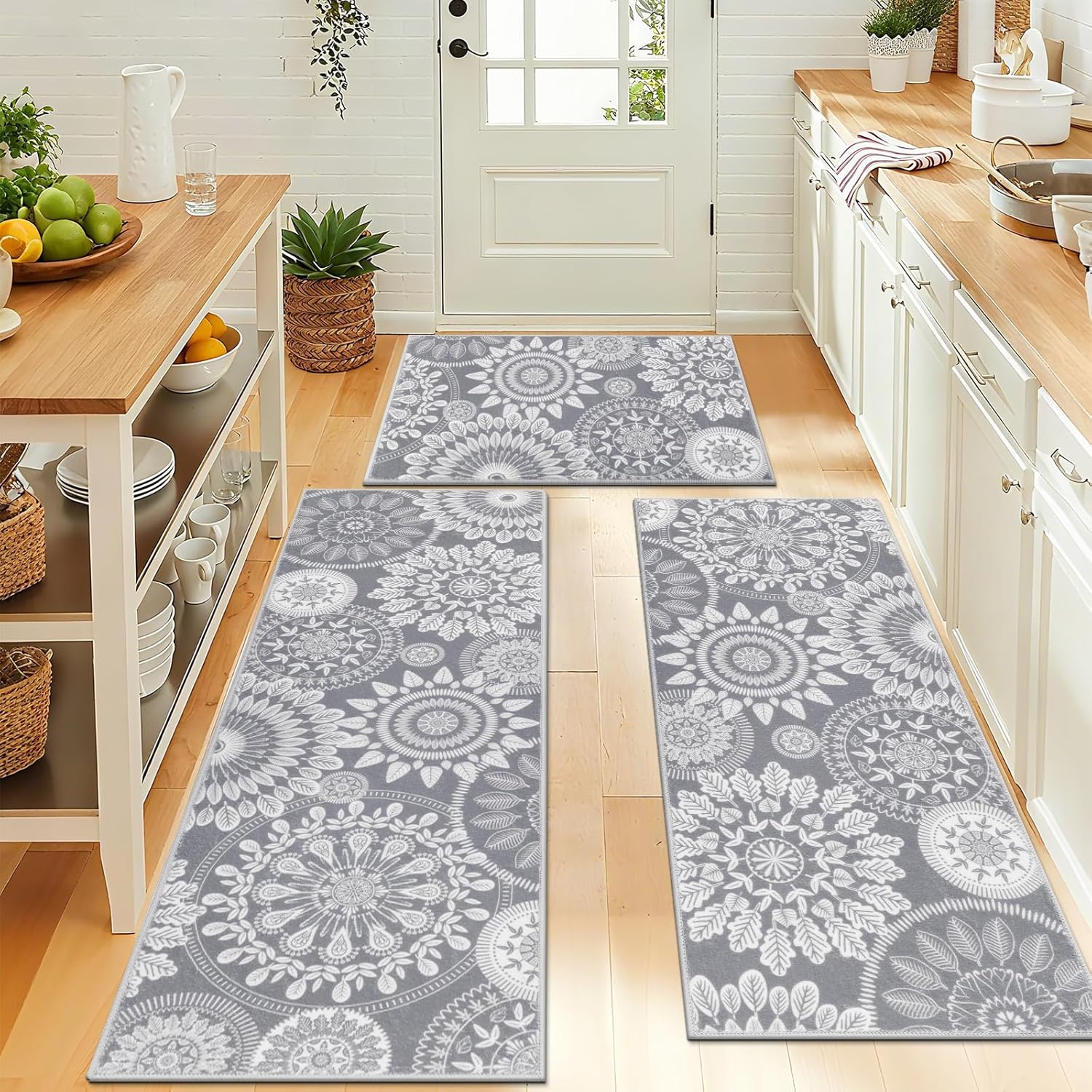 Bsmathom Boho Kitchen Rug Mat Sets 3 Piece, Farmhouse Non Slip Kitchen Rug Runner, Washable Non Skid Kitchen Rugs, Bohemian Kitchen Floor Mat for Hallway Entryway Laundry Room
