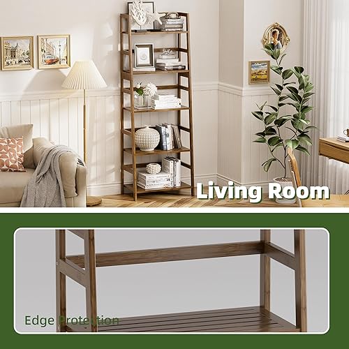 Miniatura 6 de Estante de escalera, estantería de 5 niveles, estantería resistente de bambú, estante de almacenamiento de madera abierta independiente, soporte