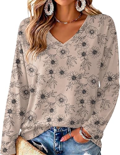 Boho Tops for Women Casual Floral V-Neck 3/4 Length Sleeve B