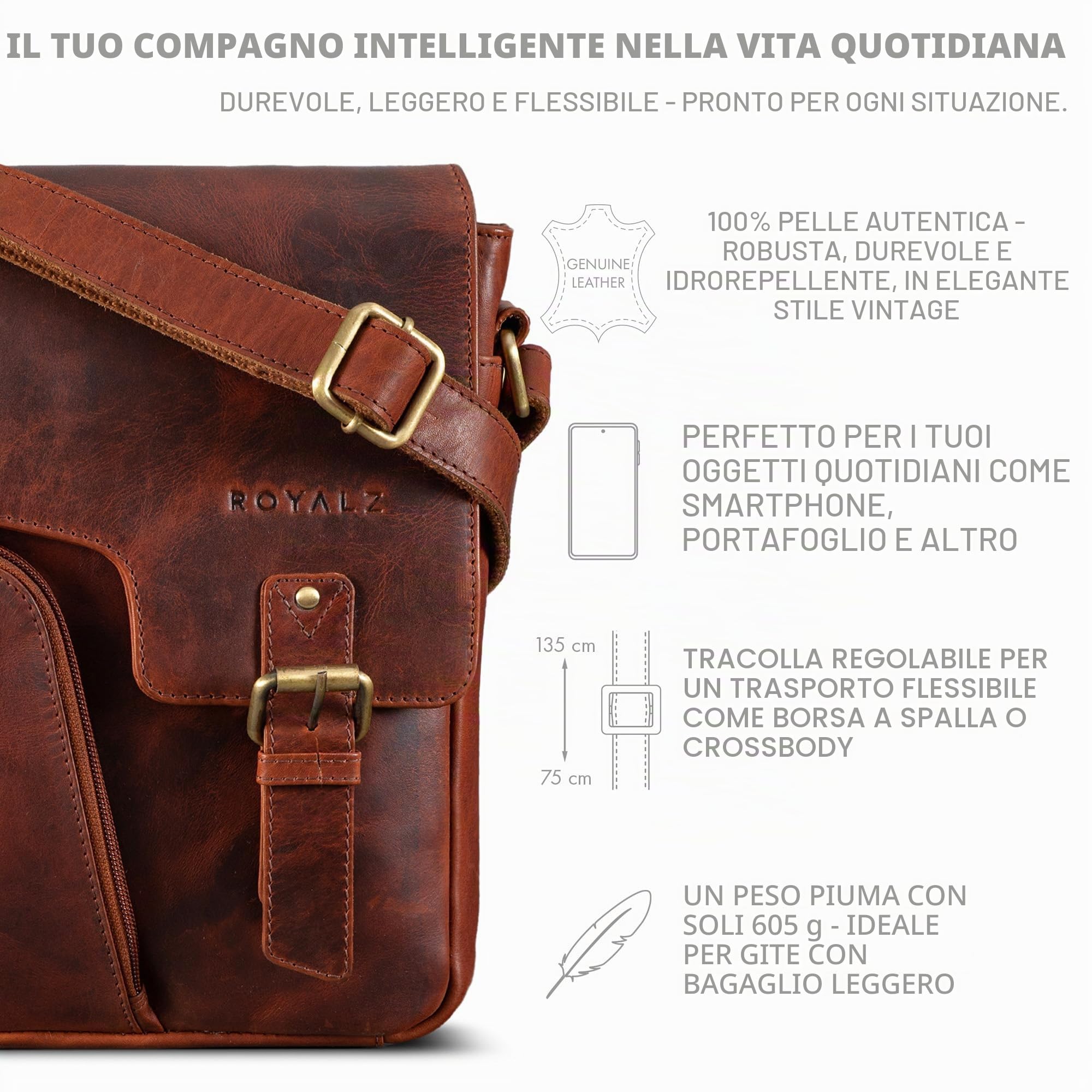 ROYALZ "Denver Borsa uomo vera pelle piccola vintage Tracolla Borsello Vero Cuoio Messenger per Tablet da 10,1 Pollici Viaggio