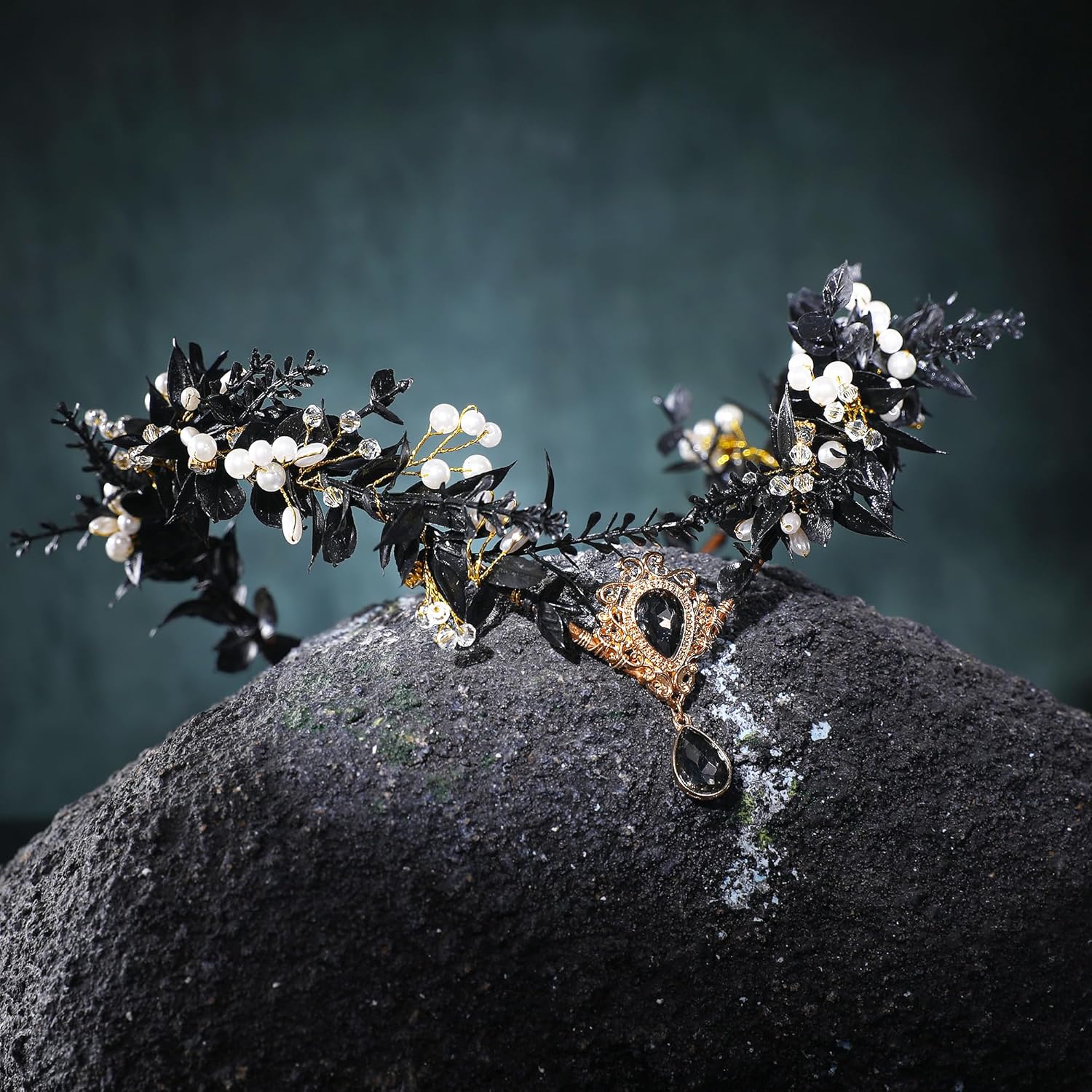 Renaissance Black Elf Fairy Flower Crown - Gothic Floral Headpiece Elven Medieval Tiara with Gold Crystal Woodland Headband Women Girls Cosplay Party Carnival Maternity Wedding Accessories - Image 7