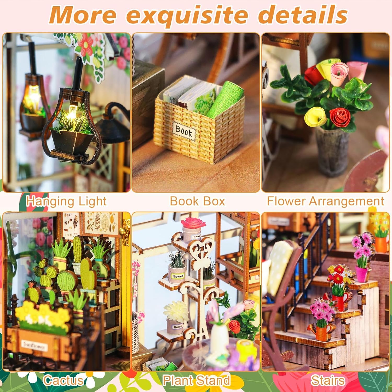 Jimhaby Book Nook Kit with LED Lights, DIY Wooden Book Nook for Adults Garden Miniature Book Nook with Lights - Image 3