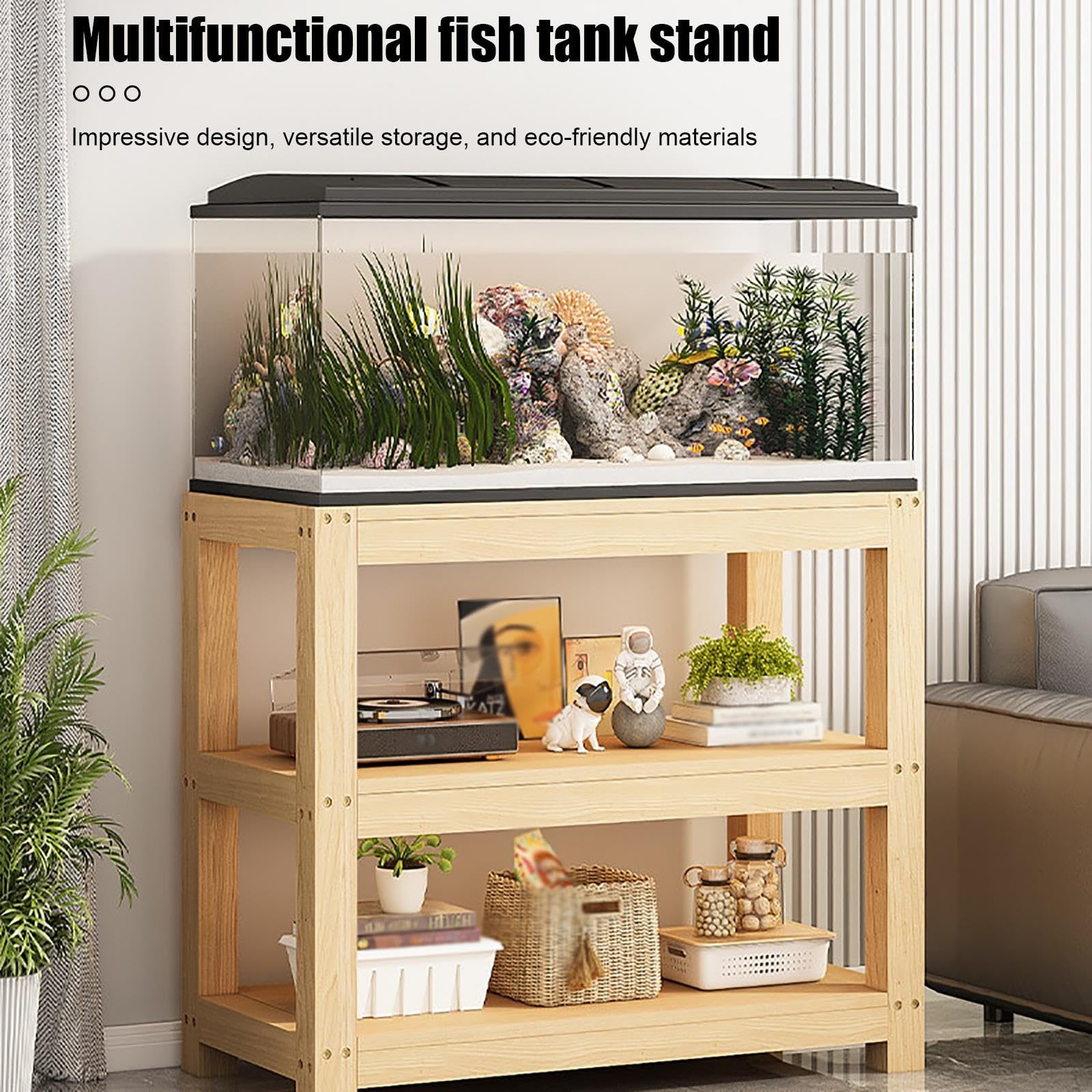 Base per Acquari, Supporto in Legno per Acquario | Legno Massello di Pino, Struttura a 3 Ripiani, Capacità di Carico 100 kg(90x30x70cm/35x12x28in)