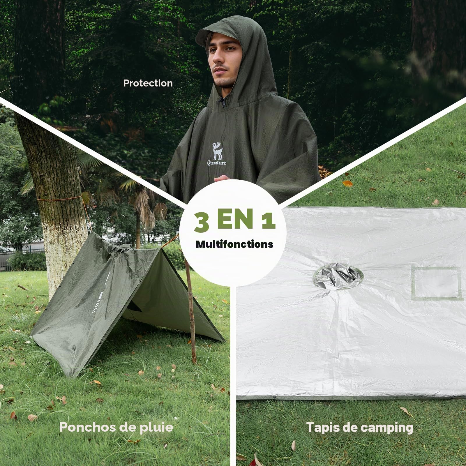 Poncho de Pluie 3 en 1 Léger Imperméable avec Capuche – Couverture Sac à Dos Multifonction Portable pour Homme et Femme Vélo Randonnée Camping Extérieur