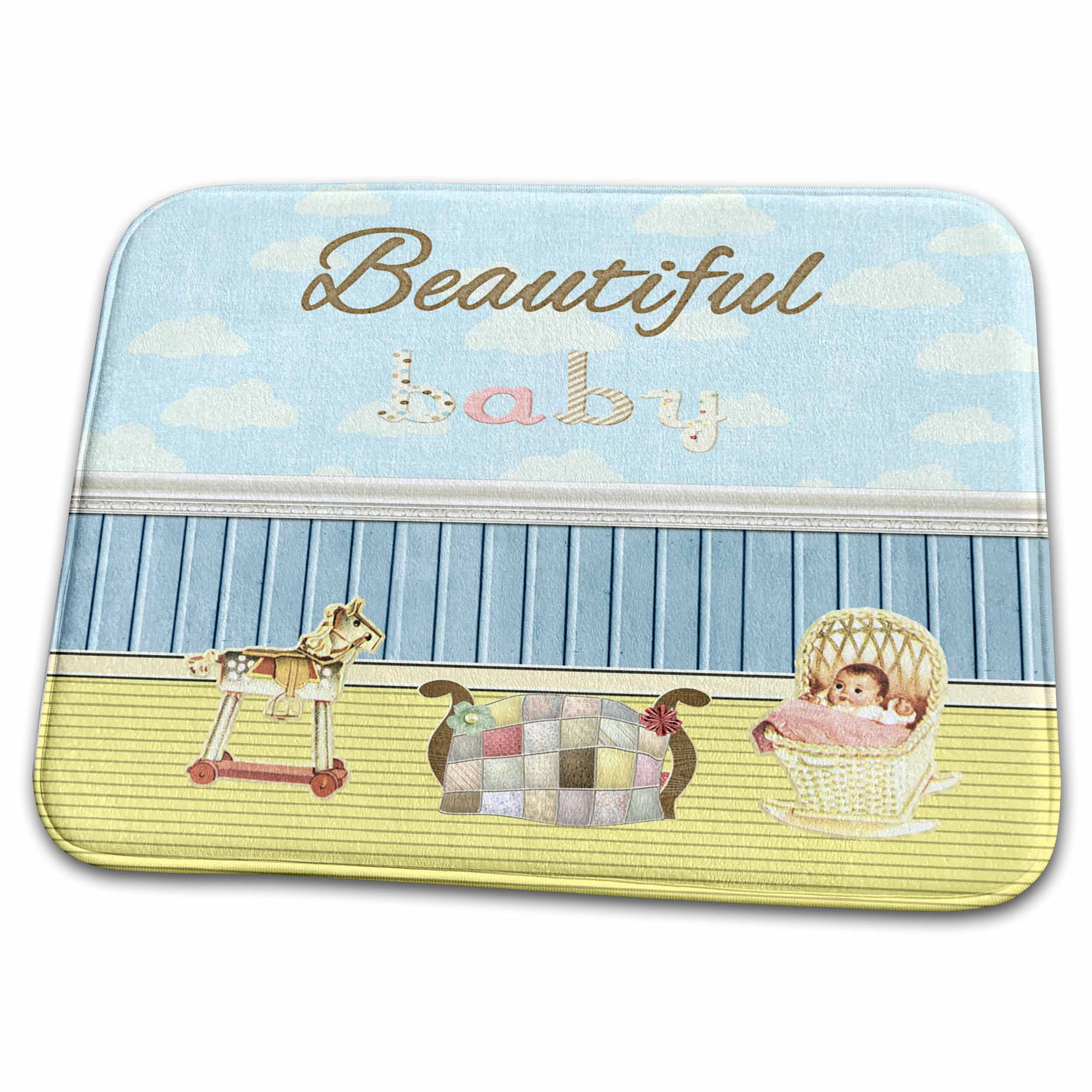 Dish Drying Mat - Beautiful Baby Room Baby in Bassinet, Rocking Horse, Quilt on Baby Bed Baby Stuff Design