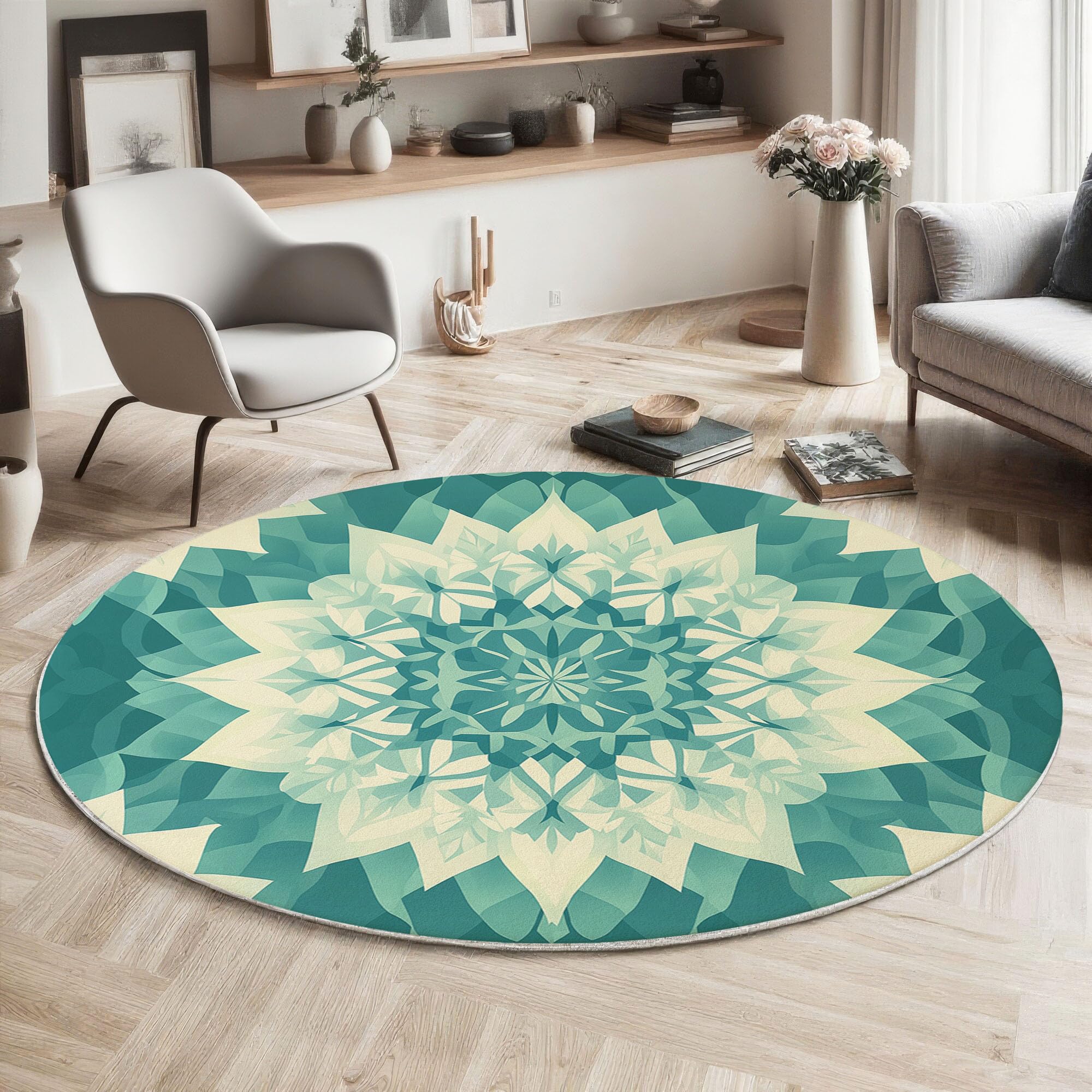 Tapis Poil Ras Rond Art Géométrique Tapis Rond Mandala Doux et antidérapant - Lavable en Machine - pour Salon, Chambre à Coucher, Salle à Manger, 180cm, Bleu-Vert