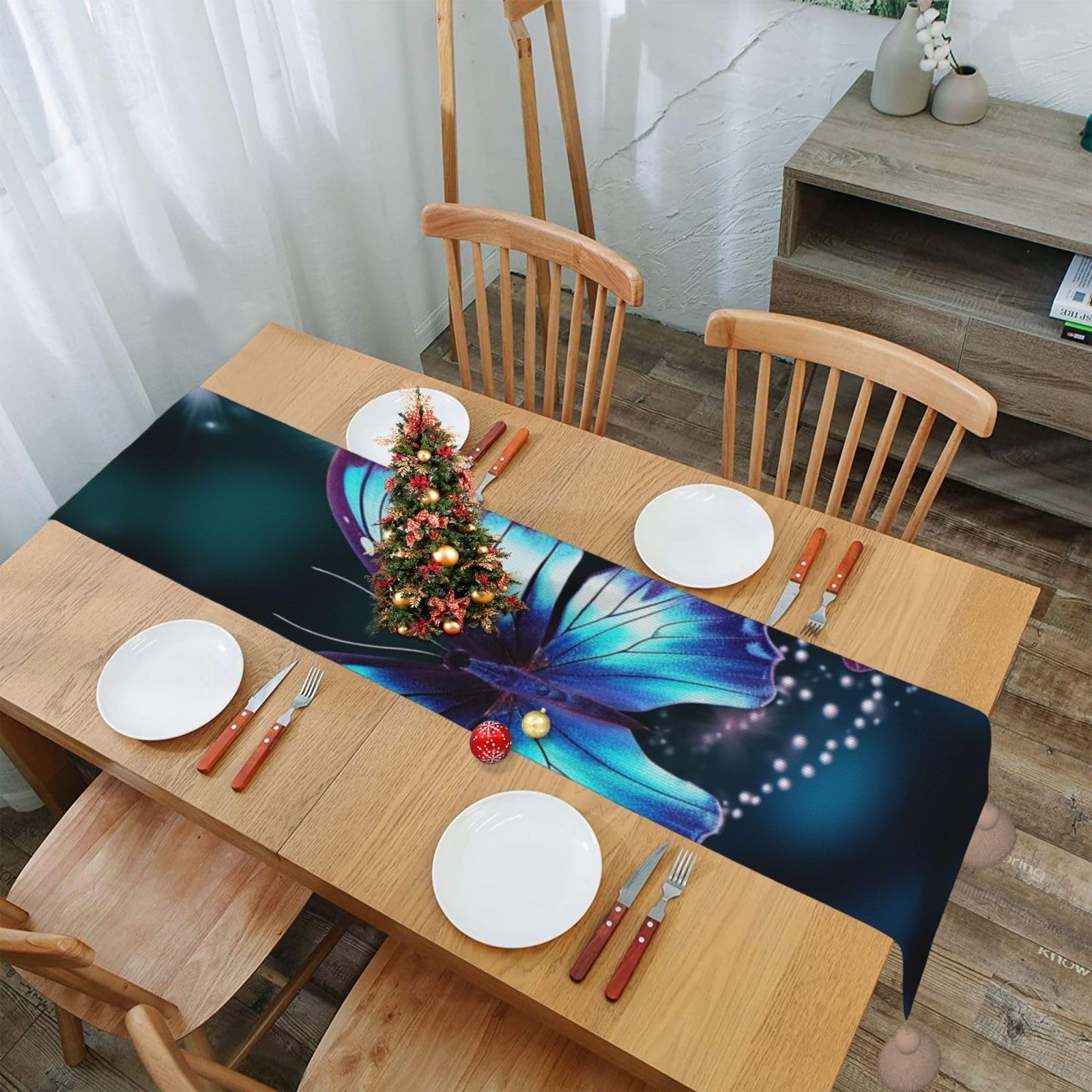 Chemin de table rustique automne papillon déco Noël et nappe de fête 152cm