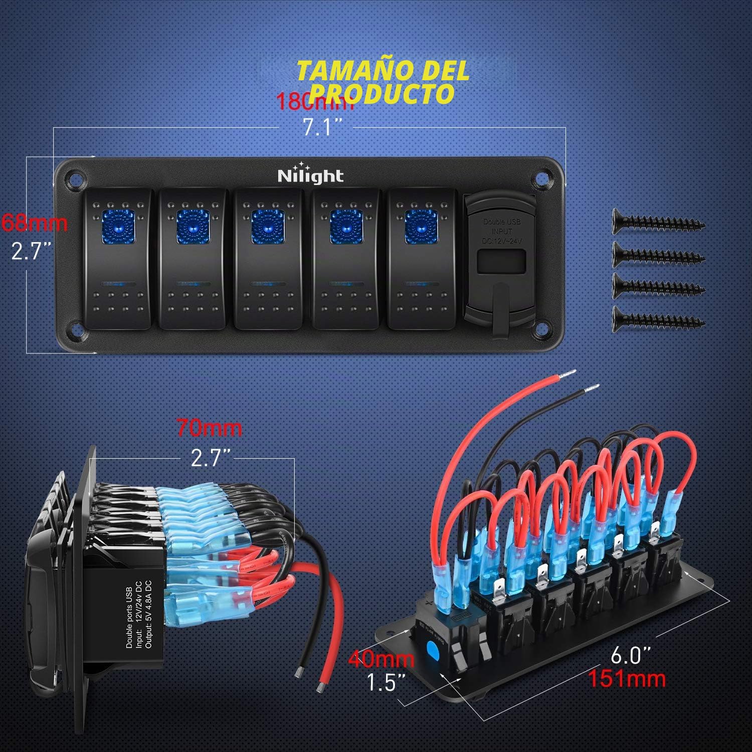 Greluma Panel de aluminio con 5 vías interruptor basculante,voltímetro y doble USB(4,2A),carga rápida,LED retroiluminado,precableado,IP65 resistente agua para uso marítimo,barco,coche y camión(azul)