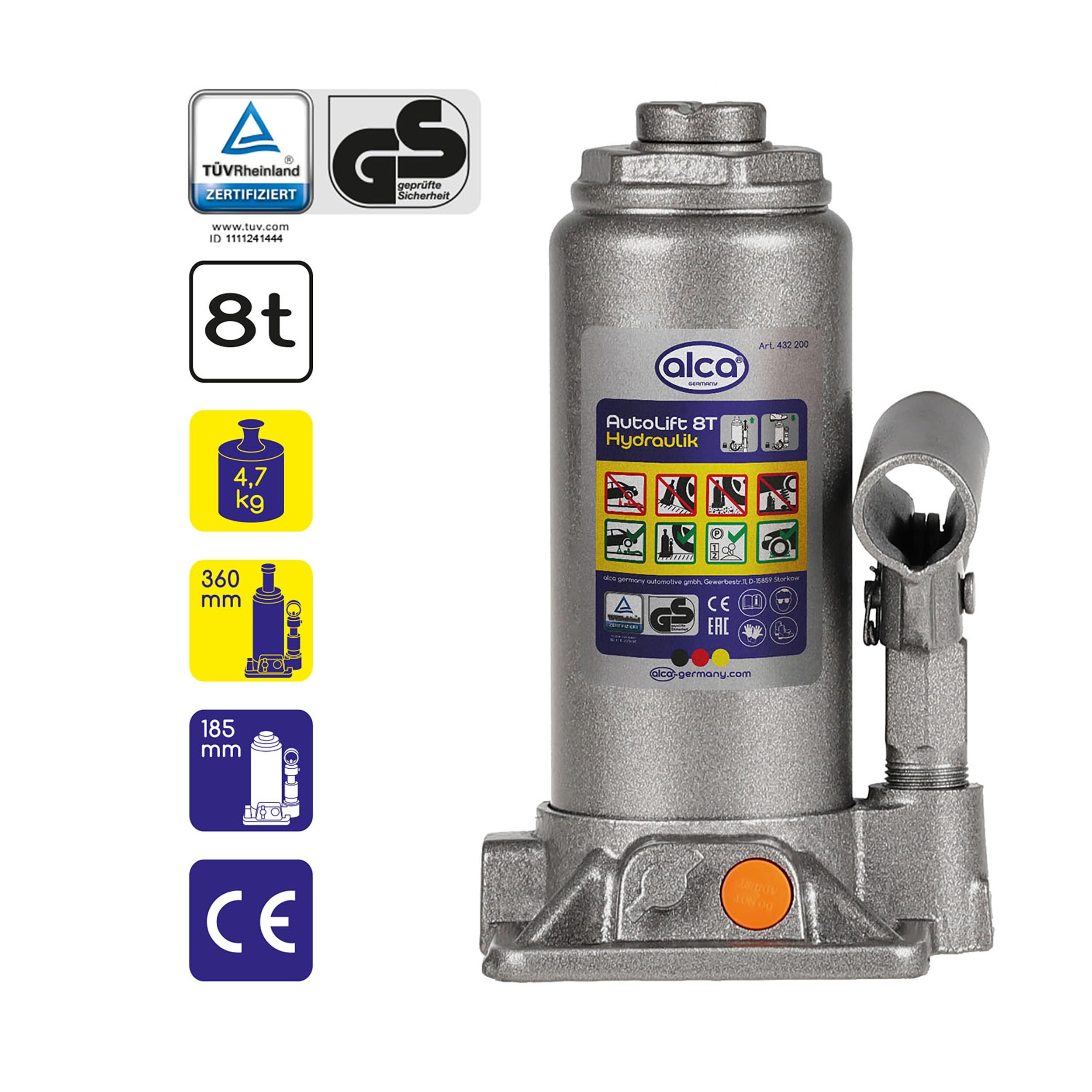 alca® Cric hydraulique 8 t, 185-355 mm Hauteur de Levage