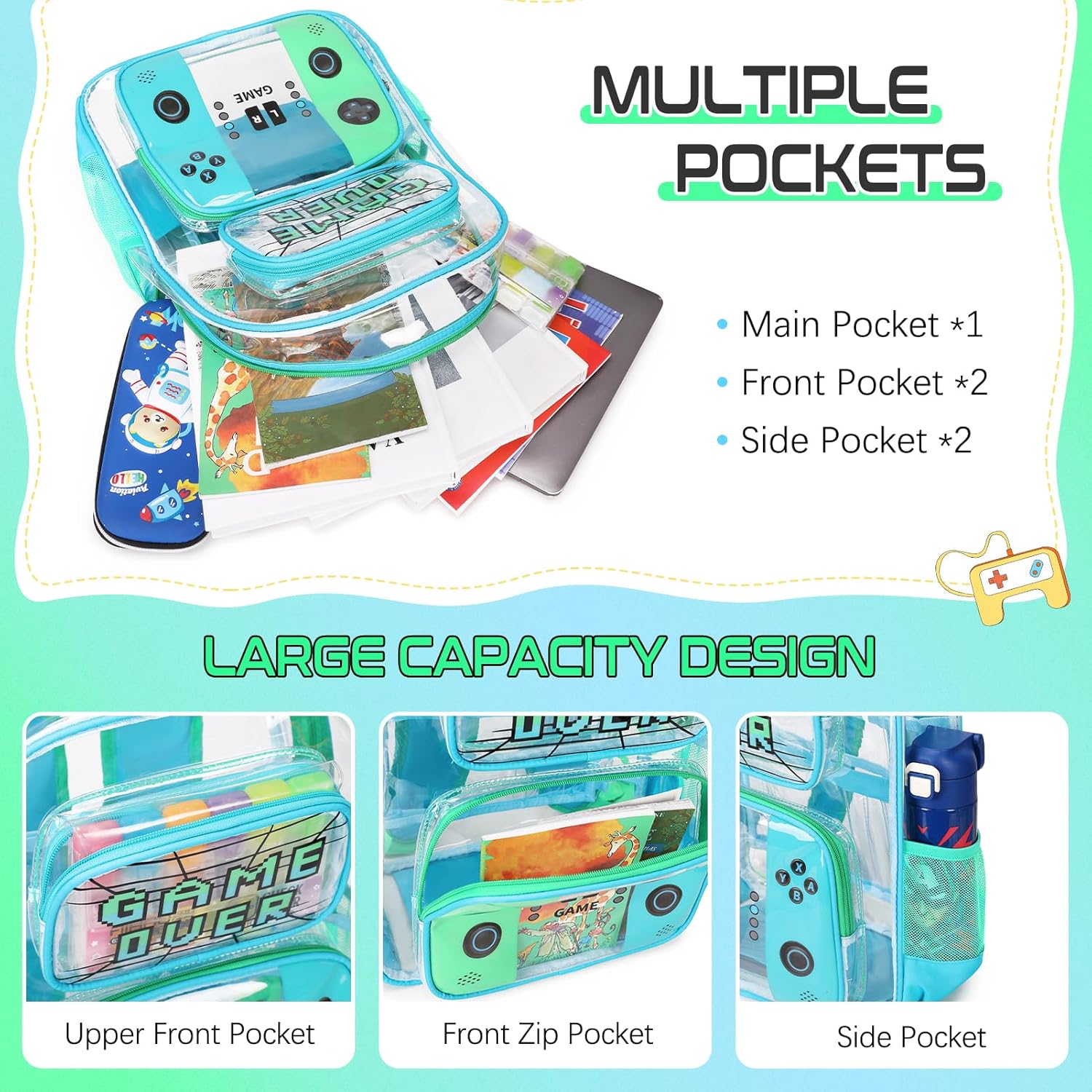 Clear Backpack for Boys, PVC Transparent Cool Luminous Gamer Backpack for Boys Girls Kids Children Teens Elementary Middle School, Clear Bookbag with Lunch Box & Pencil Case Set (Blue Green) - Image 4