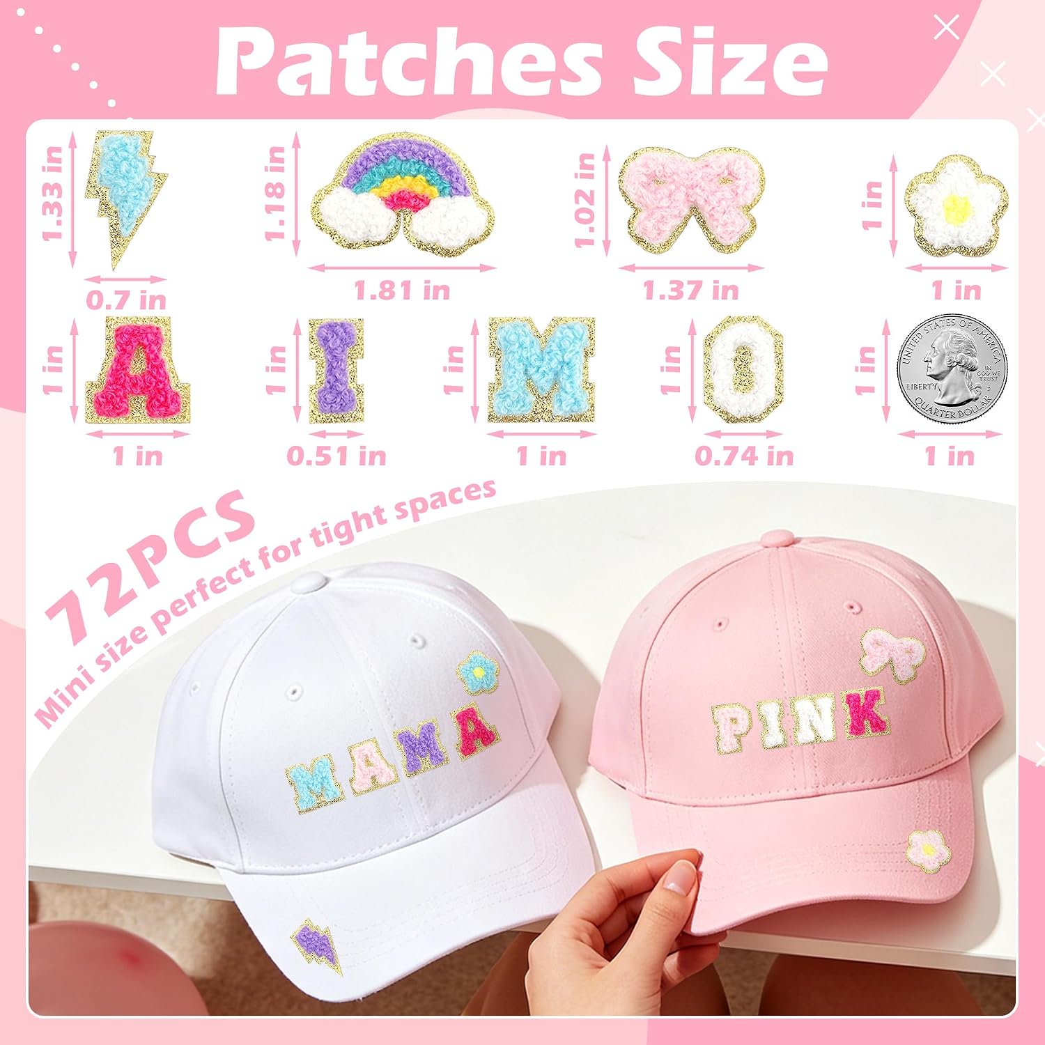 72PCS Mini Chenille Letters Patches Self Adhesive with Pattern Patches