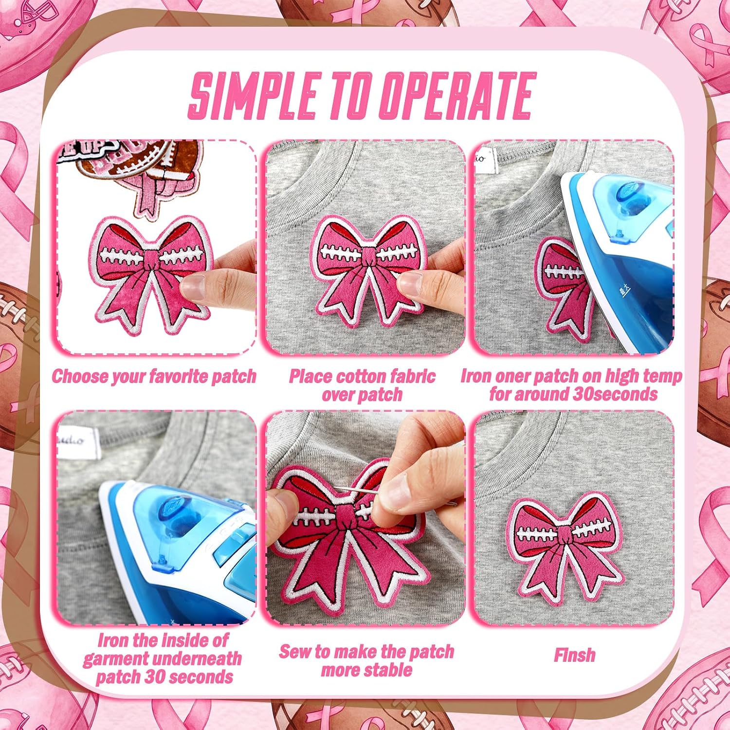 48 Pcs Football Breast Cancer Iron on Patches Pink Ribbon Nurses