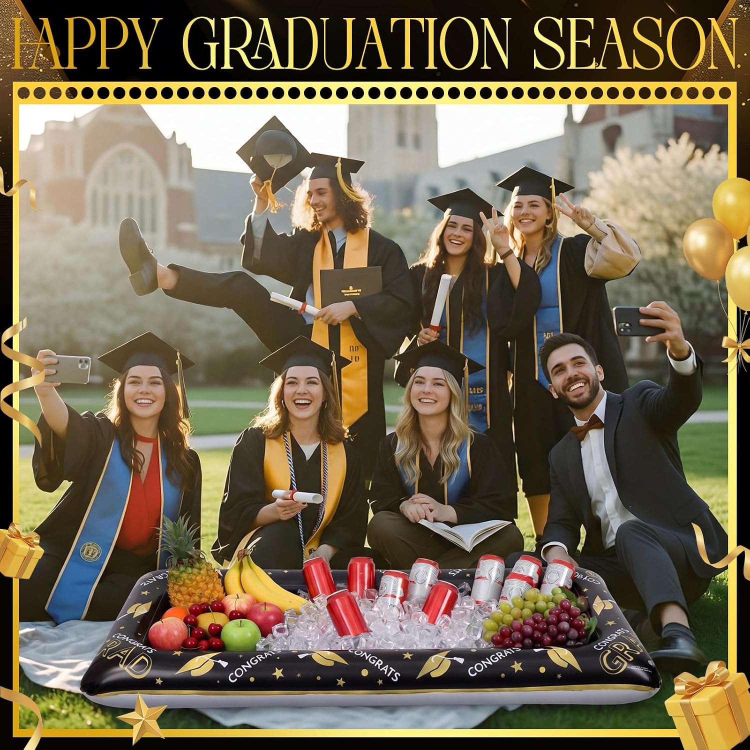 Soulchen Graduation Inflatable Serving Bar, Black Gold Congrats Party Buffet Table, Portable Inflatable Drink Snack Cooler for Graduation Party, Celebration, Indoor Outdoor Events