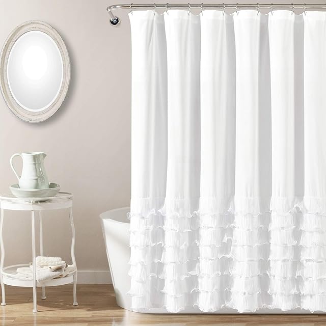 Lush Decor Avery Shower Curtain Ruffled Vintage Chic Farmhouse Style Bathroom, 72 x 72, White