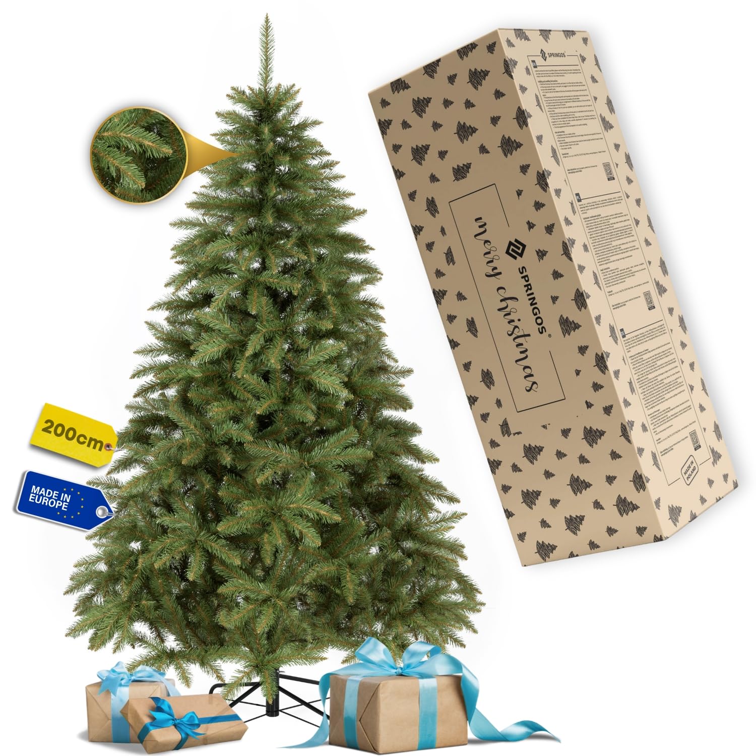 Sapin de Noël Artificiel 220 cm en PVC Type épicéa scandinave, Arbre Dense et réaliste pour décoration intérieure hivernale avec Support métallique Stable SPRINGOS