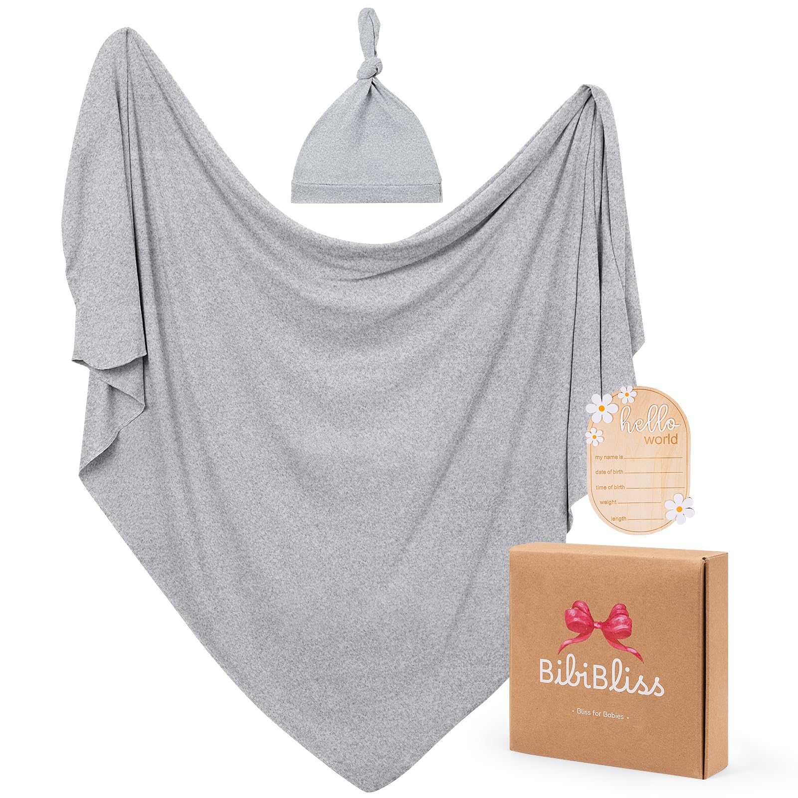 Stretchy Swaddle Blanket for Newborns with Hat &amp; Hello World Card–Soft Baby Swaddles 0-3 Months,47"x 47"Supersoft Swaddle Blanket,Receiving Blanket for Boys &amp; Girls (Mix Grey)