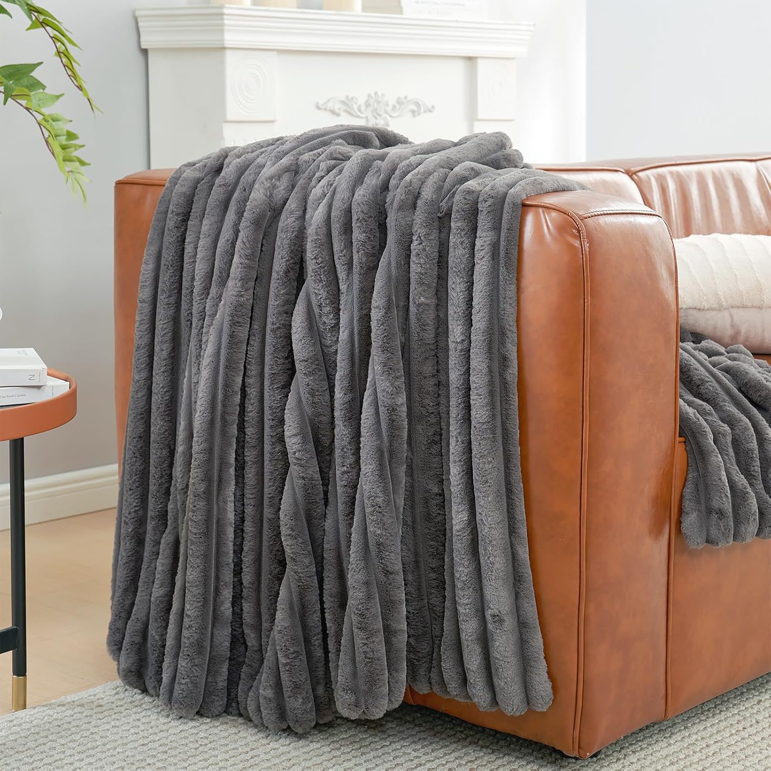 Amélie Home Faux Fur Throw Blanket for Couch, Cozy Fuzzy Fluffy Fur Luxurious Soft Striped Plush Gift Blankets for Family Sofa Chair Bedroom, 55"x70", Charcoal Grey - Image 6
