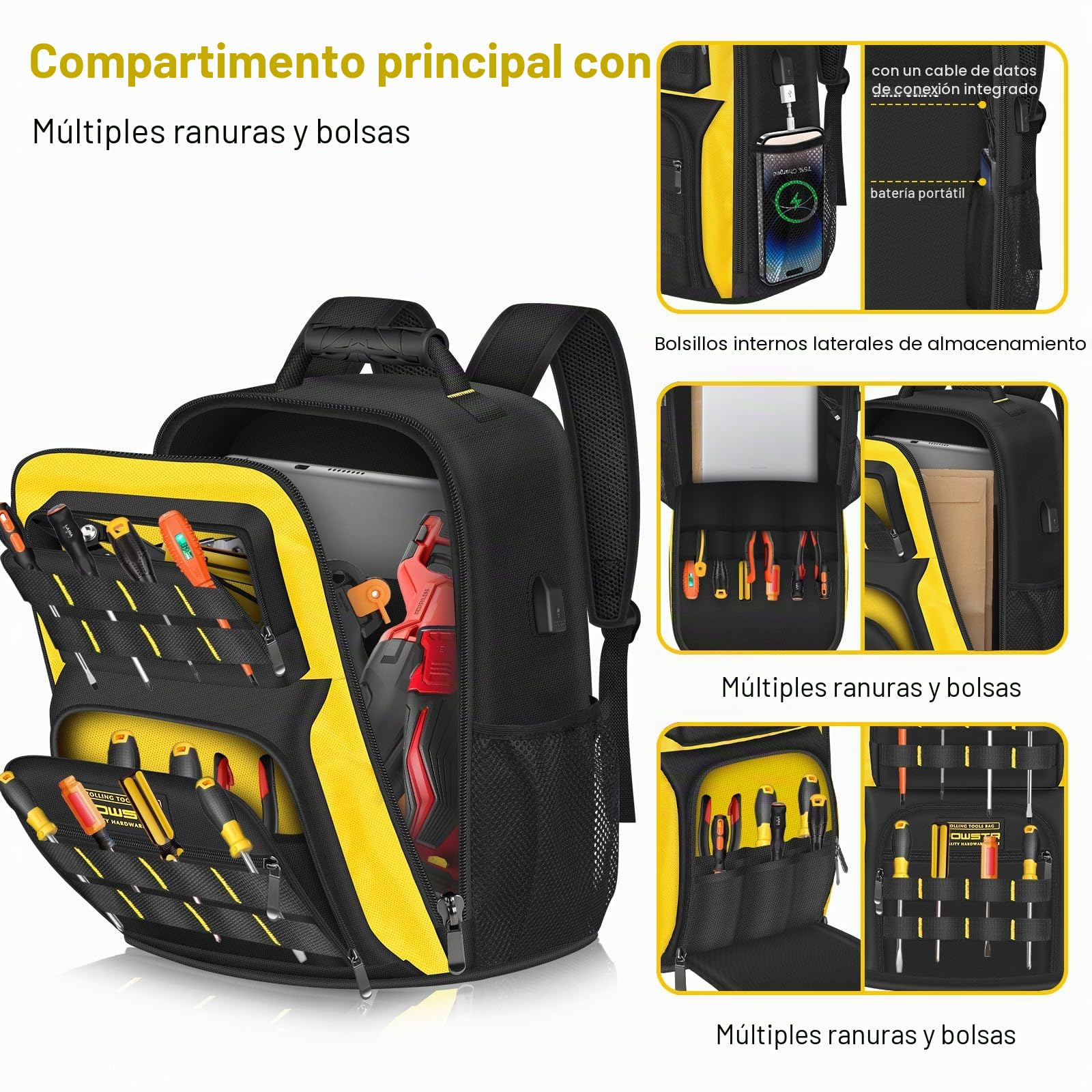 18"Mochila Para Herramientas con Puerto USB, Mochila para Herramientas Impermeable Para Hombres con 23Bolsillos,Correas Ajustables Para Los Hombros,Para Electricistas y Técnicos de Reparación