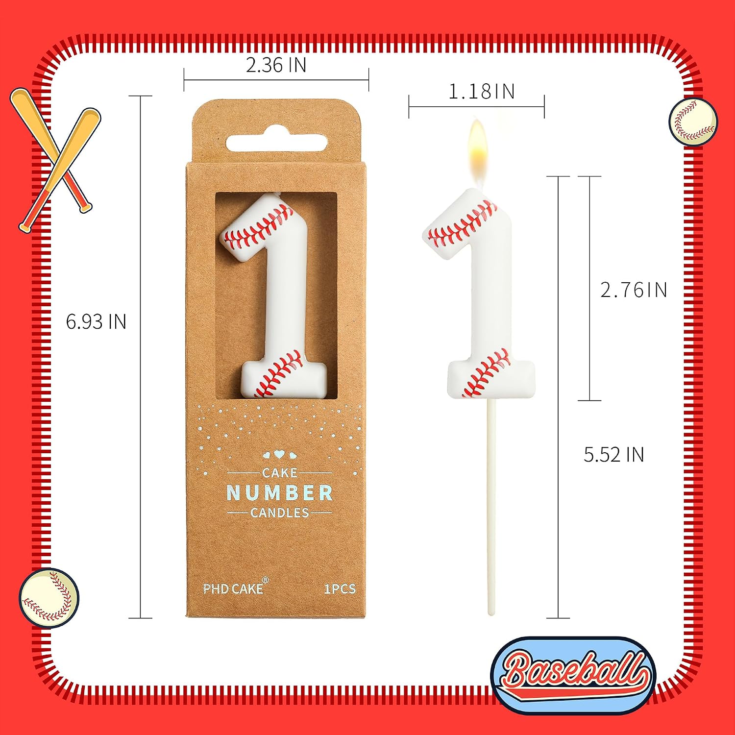 PHD CAKE 2.76 Inch Number 1 Baseball Birthday Candles, Baseball Number Candles, Cake Number Candles, Party Celebration, Style Candle