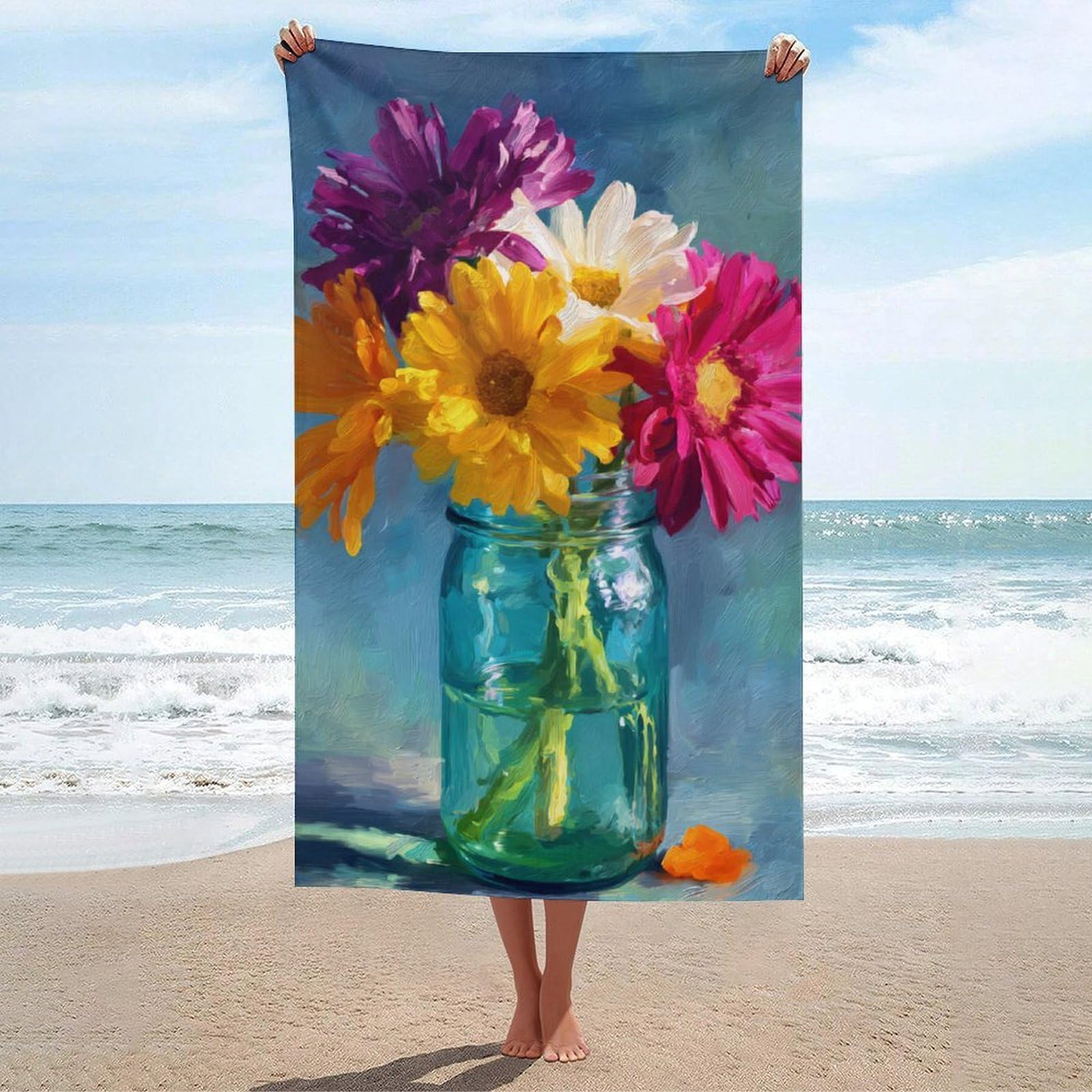 asbwuo Colorful Flowers in Vase Impressionist Beach Towel