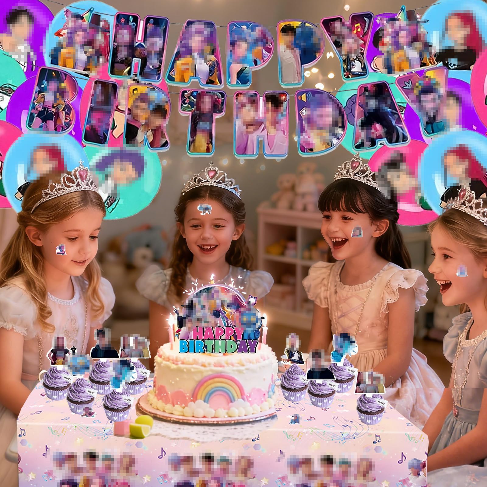Kpop Birthday Party Decorations, 86 Pcs Anime Devil Theme Party Supplies include Tablecloth, Birthday Banner, Balloons, Cupcake Toppers, Party Hunters Decor Stickers for Kids Boys Girls — view 2