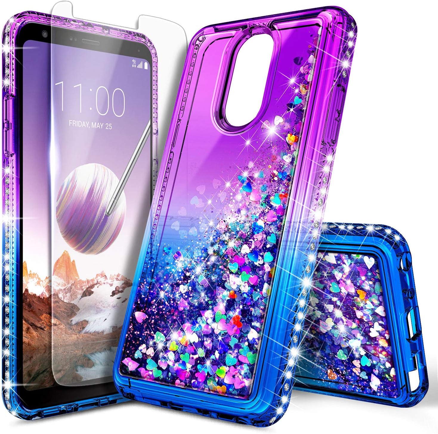LG Stylo 3 Case (LS777), LG Stylo 3 Plus/Stylus 3 Glitter Case w/[Tempered Glass Screen Protector], NageBee Sparkle Bling Liquid Floating Quicksand Shockproof Women Kids Girls Cute Case -Purple/Blue