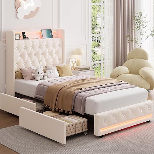 HIFIT Upholstered Twin LED Bed Frame with Charging Station Headboard & 4 Storage Drawer, Velvet Crystal Button-Tufted Princess Twin Size Platform Bed Frames for Girls, No Box Spring Needed, Beige