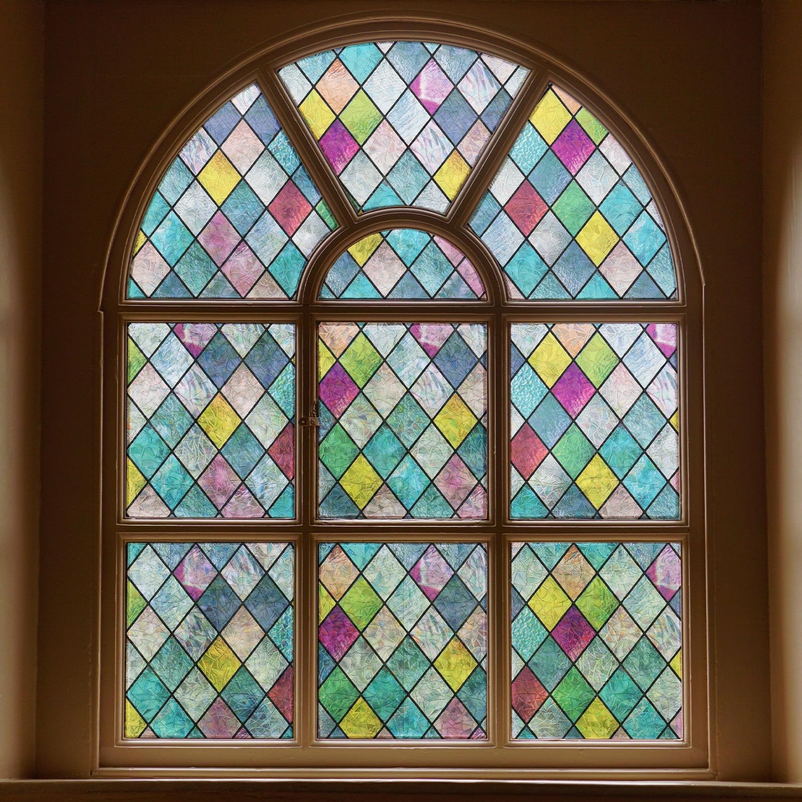 FEOMOS Stained Glass Window Film, Window Privacy Films, Colorful Lattice Window Tint, Rainbow Glass Decals Stickers for Home Anti UV 17.3 x 78.7 inches