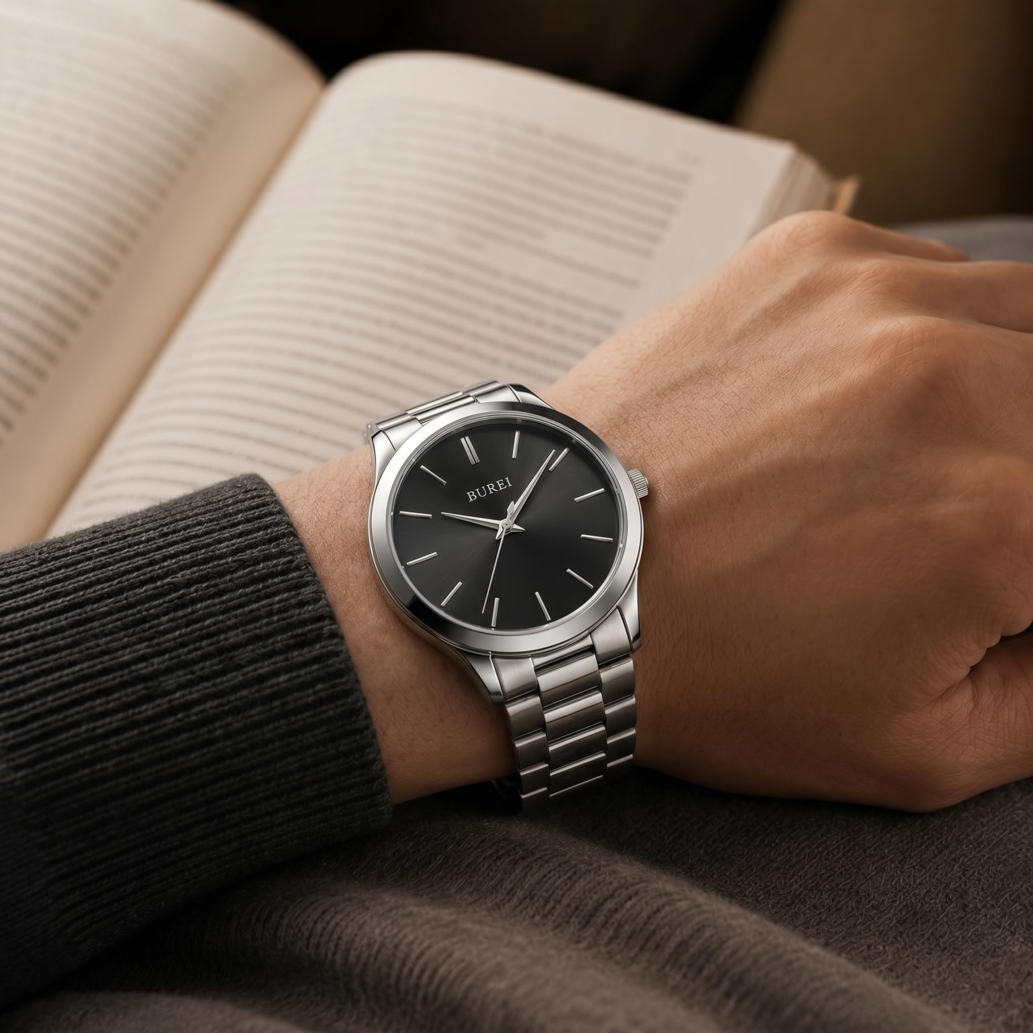 BUREI Modische Herren-Armbanduhr aus Edelstahl, Quarz-Armbanduhr mit japanischem Uhrwerk für Herren, Klassische Luxus-Uhr, 42 mm