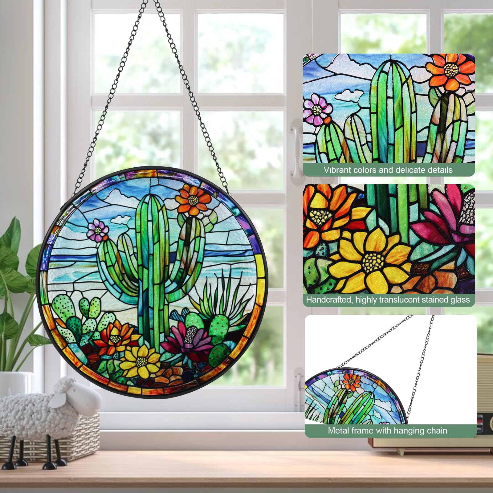 Cactus Stained Glass Window Hanging Suncatcher with Chain - 7.9" Arizona Outdoor/Indoor Art Decor for Home Garden, Thanksgiving, Wedding, Mother's, Valentine's & Christmas Ornaments Present