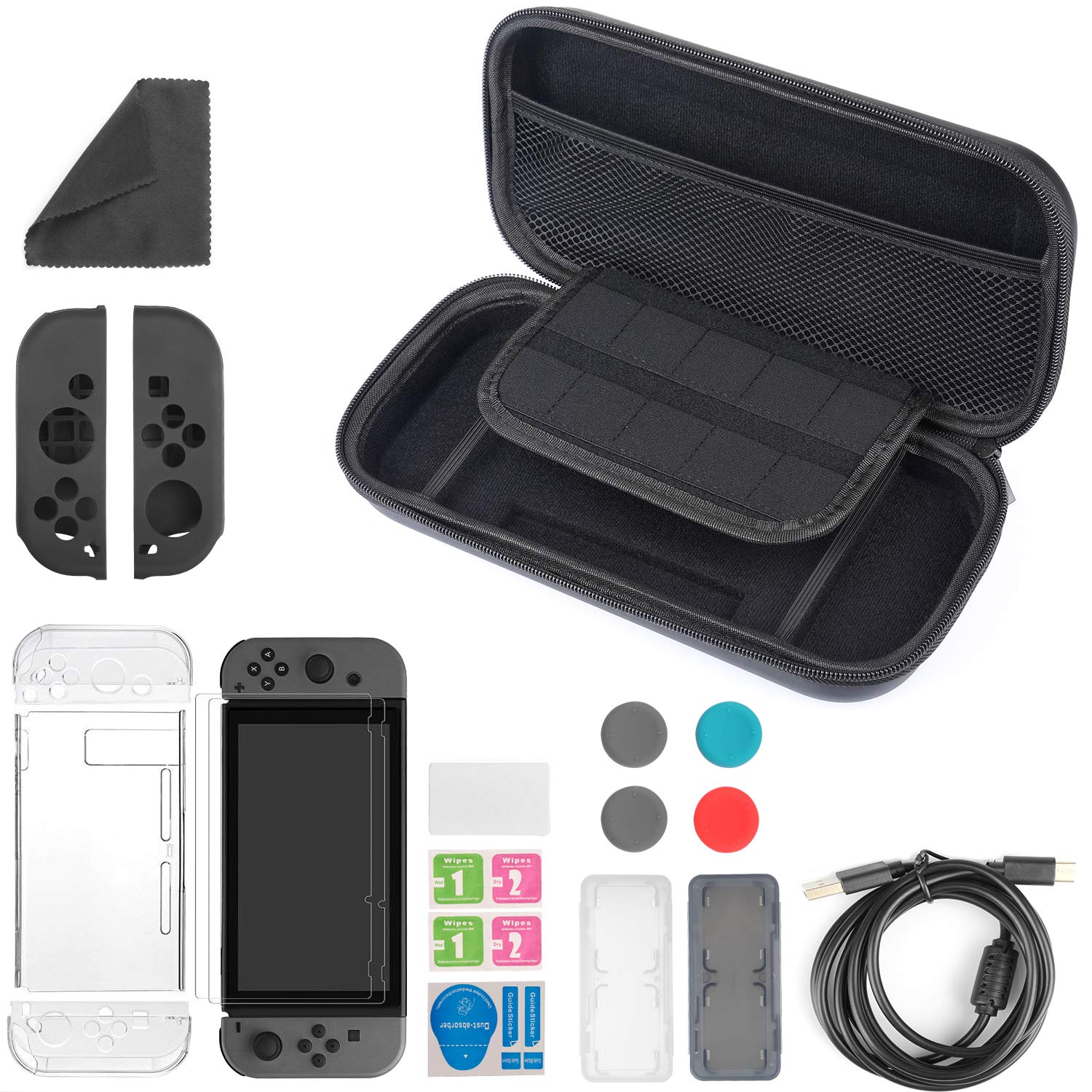 13-in-1 Accessory for Nintendo Switch, Pomisty Carry Case for Nintendo Switch, Nintendo Switch Case + Transparent Case + Protective Film + Joy-Con Case + Game Card Case + Thumb Caps + Charging Cable