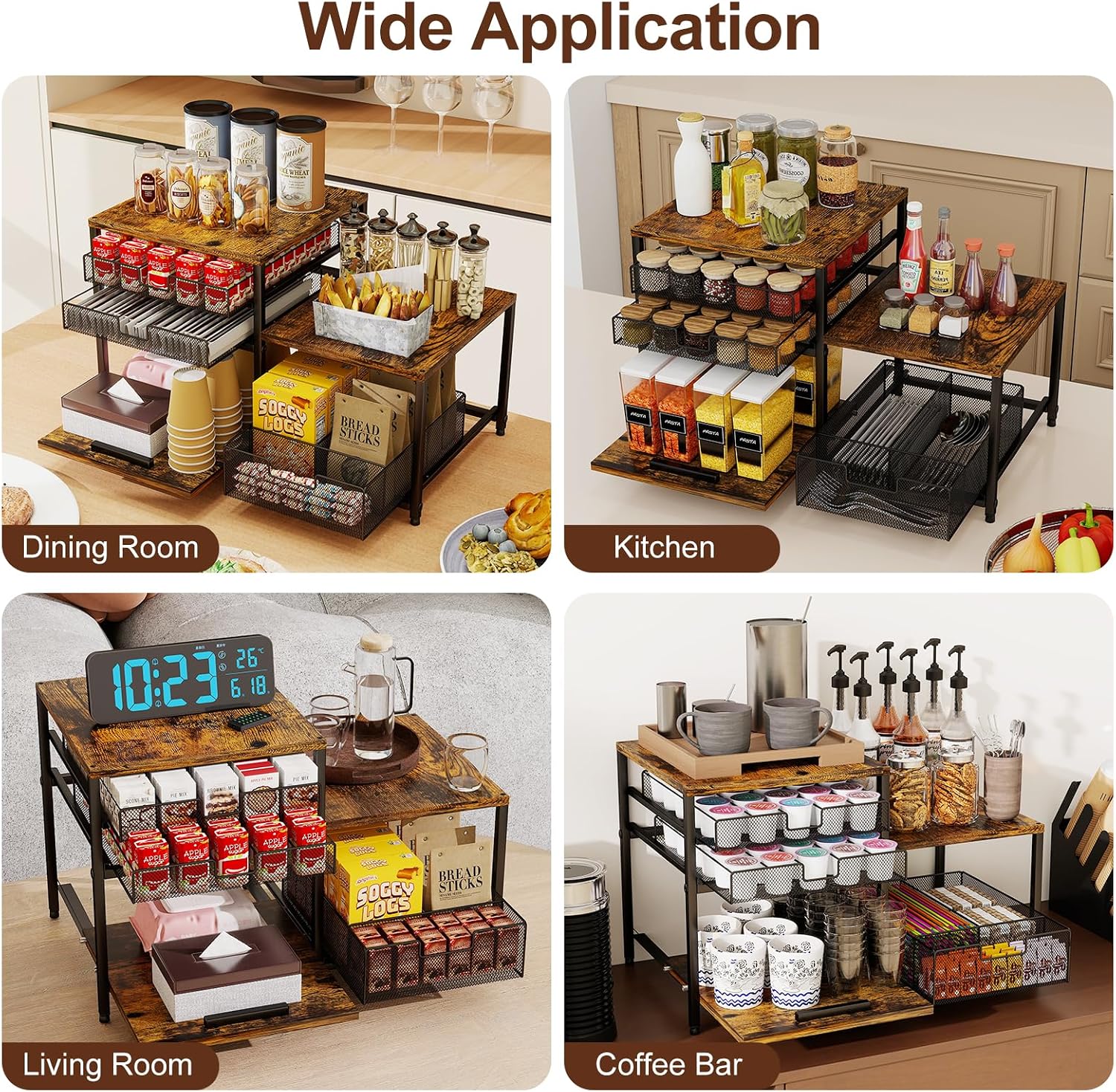 Coffee Station Organizer, Countertop Coffee Bar Holder with 3 Drawers,60 Compatible with K Cups Coffee Pods, Capsules, Rustic Storage for Tea Bags, Syrup Rack, Kitchen, Apartment, Home, Office
