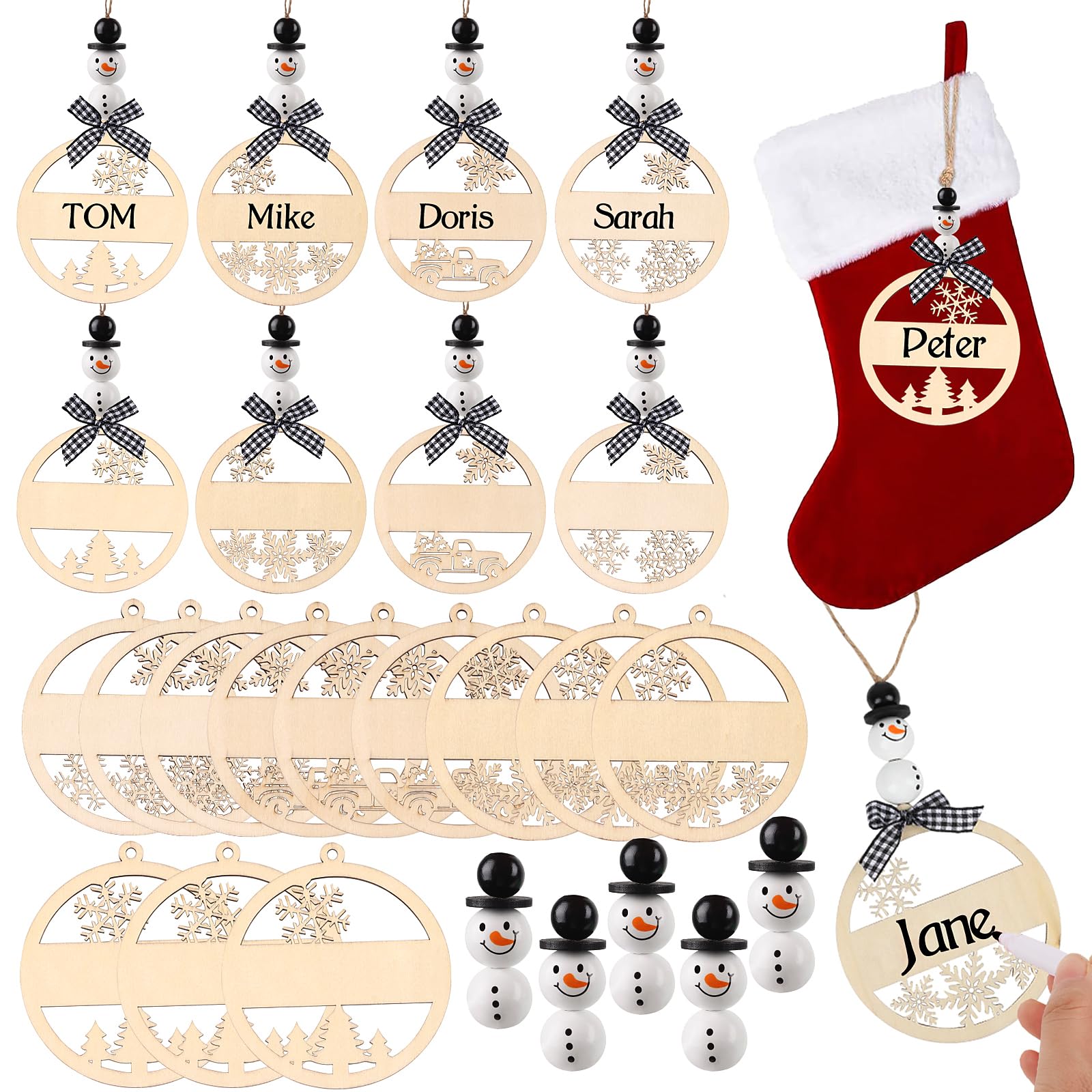Étiquettes de Noël en bois FOIMAS avec perles bonhomme de neige pour sapin lot de 12