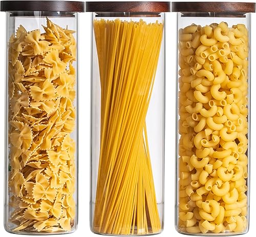 Miniatura 1 de Laramaid Juego de 3 tarros de vidrio de 71 onzas, tarros redondos de despensa con tapas de acacia marrón, etiquetas negras y bolígrafo blanco,