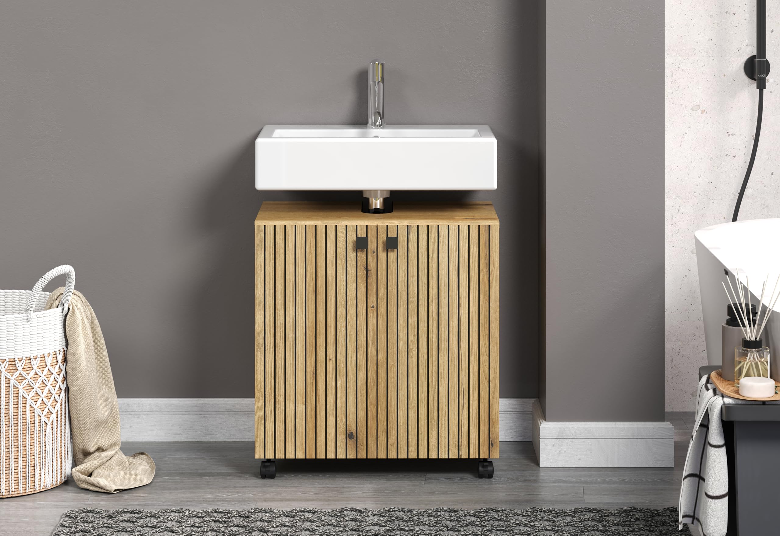trendteam Smart Living - Mueble bajo Lavabo con Ruedas - Baño - PureBliss - Dimensiones de Montaje (Ancho x Alto x Profundidad) 60 x 64 x 42 cm - Color Roble Evoke con Ranuras Negras - 233730342