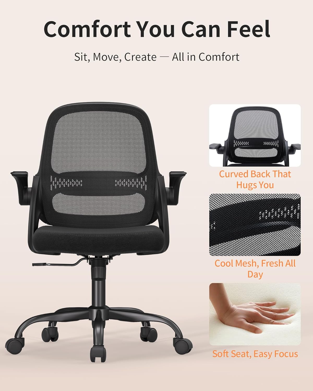 Ergonomic Mesh Office Chair with Flip-Up Arms, Adjustable Height, Breathable Mesh Back & Thick Cushion Seat, 360° Swivel Rolling Computer Desk Chair, BIFMA Certified, Supports 300 lbs (Black) - Image 7