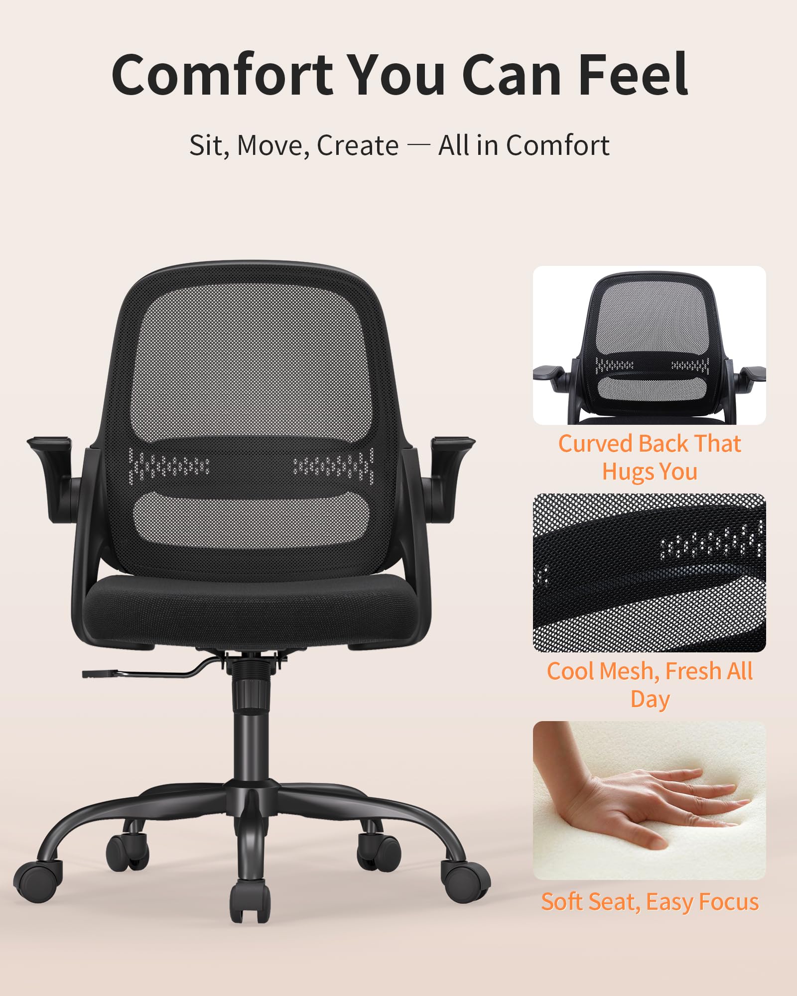 Ergonomic Mesh Office Chair with Flip-Up Arms Adjustable Height Breathable Mesh Back Thick Cushion Seat 360 Swivel Rolling — view 7