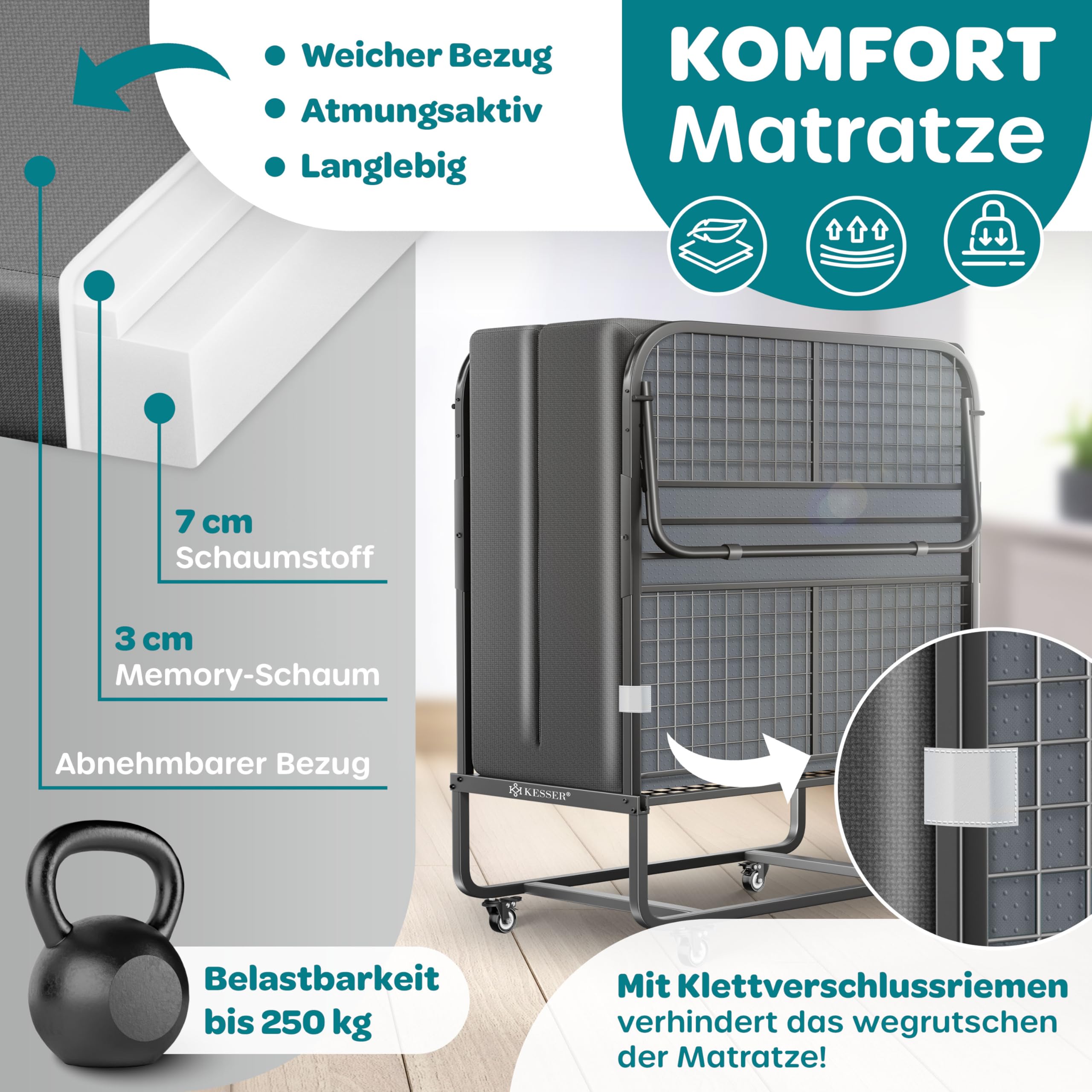 KESSER® Klappbett 200x90cm Gästebett inkl. Matratze aus Memory-Schaum & Rollen | faltbares Reisebett mit Metallrahmen für Erwachsene belastbar bis 250kg | Metallbett mit Schaumstoffmatratze & Cover
