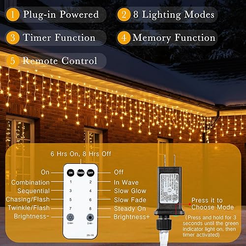 Miniatura 4 de Luces de carámbano de copo de nieve de Navidad, 33 pies, luces de copo de nieve para exteriores con control remoto, 8 modos, impermeables, 380 LED,