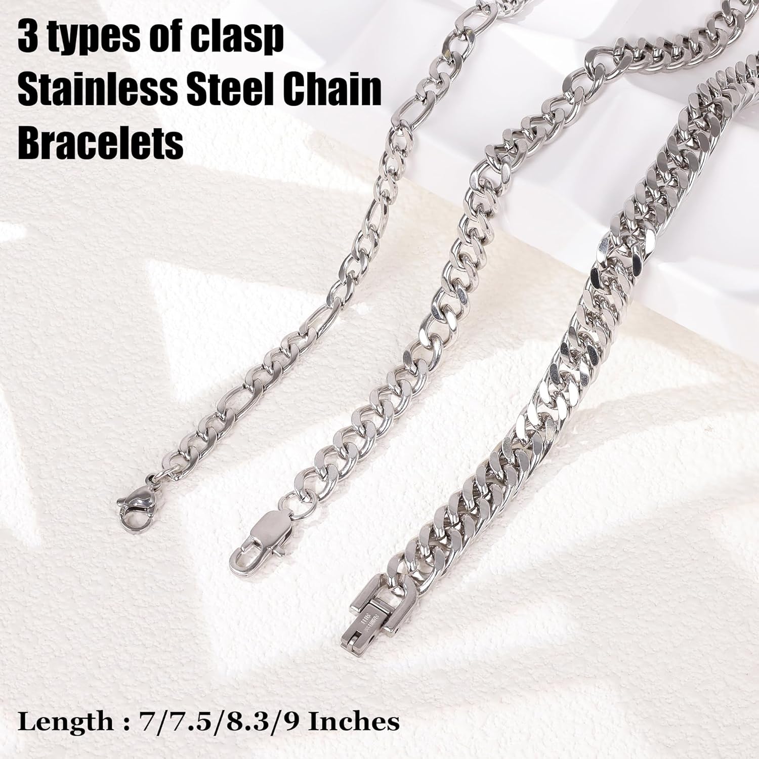 3PCS Stainless Steel Chain Bracelets for Men Women Gold Cuban Figaro Link Chain Bracelet Men's Curb Chain Bracelets Twisted Wrist Bracelets 7/7.5/8.3/9 Inches - Image 2