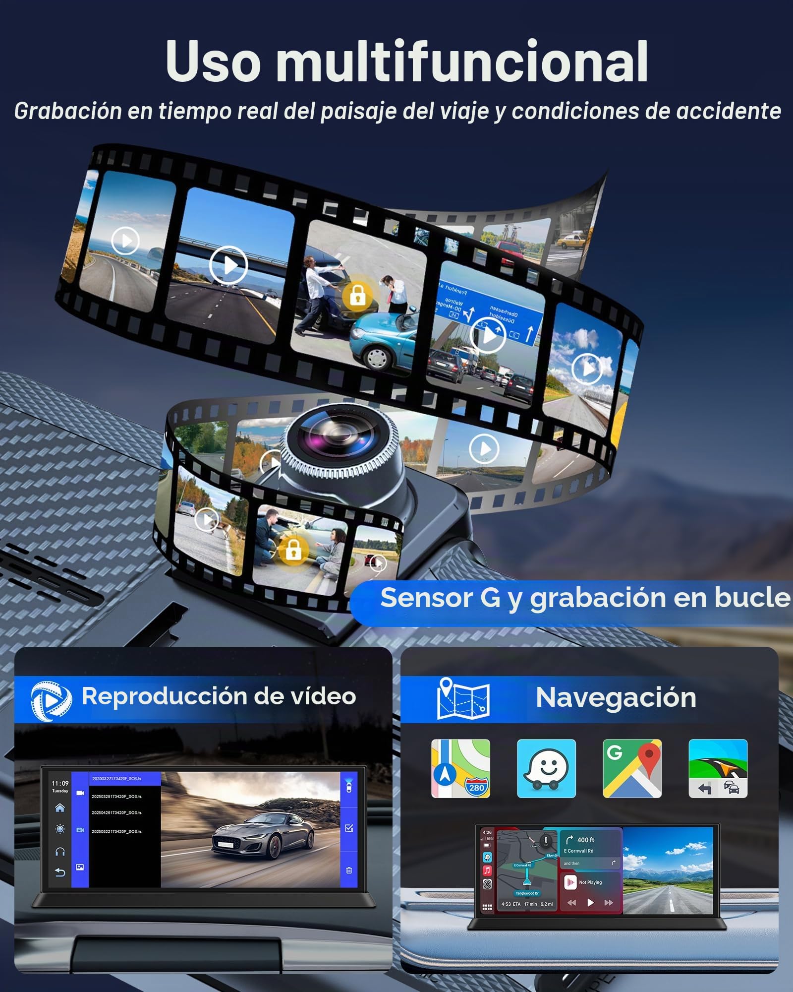 11,26 Pulgadas HD Táctil Car Play Coche, 4K Pantalla Carplay Coche con 350° Cámara Frontal Pantalla Carplay Android Auto, Car Play Co.che para Navegación GPS G-Senor Grabación en Bucle
