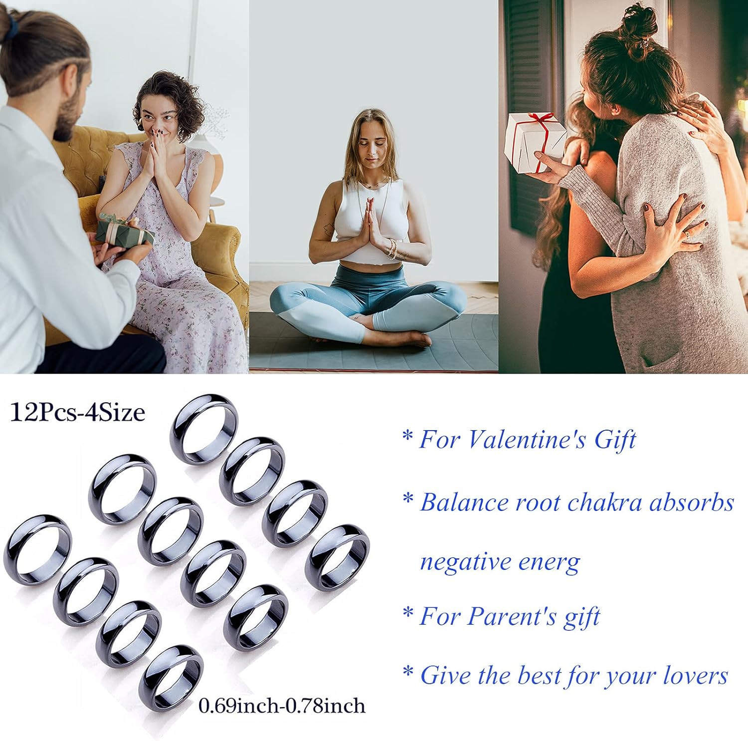 HOBEN 12 Pack Genuine Hematite Ring, Magnetic Field Therapy Products for Men Women Size M (Number7,8,9,10) : Health & Household