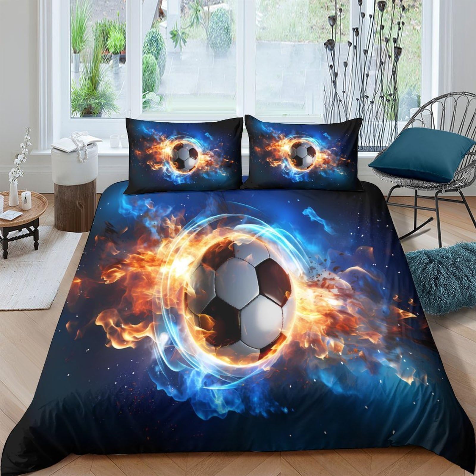 Ctjqhvkz Style-5 3D Printed Fire Soccer Fitted Sheet Microfiber Vibrant Flame Bed Cover For Bedroom Dorm Easy Care Mattress Protector Single（135X200cm）