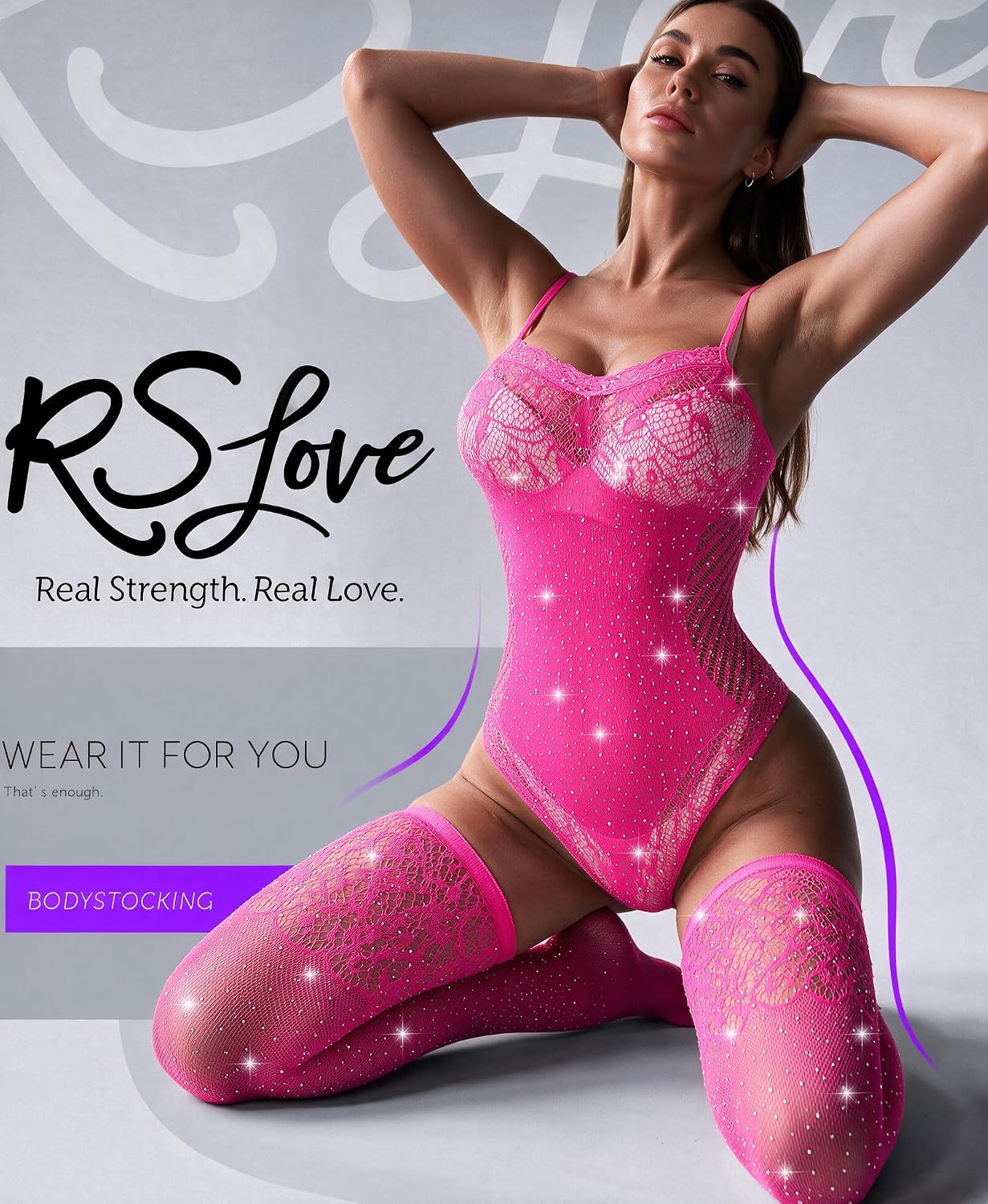 RSLOVE Women Lingerie Fishnet Teddy Bodysuit Sparkle Rhinestone Mesh Lingerie with Thigh High Stockings